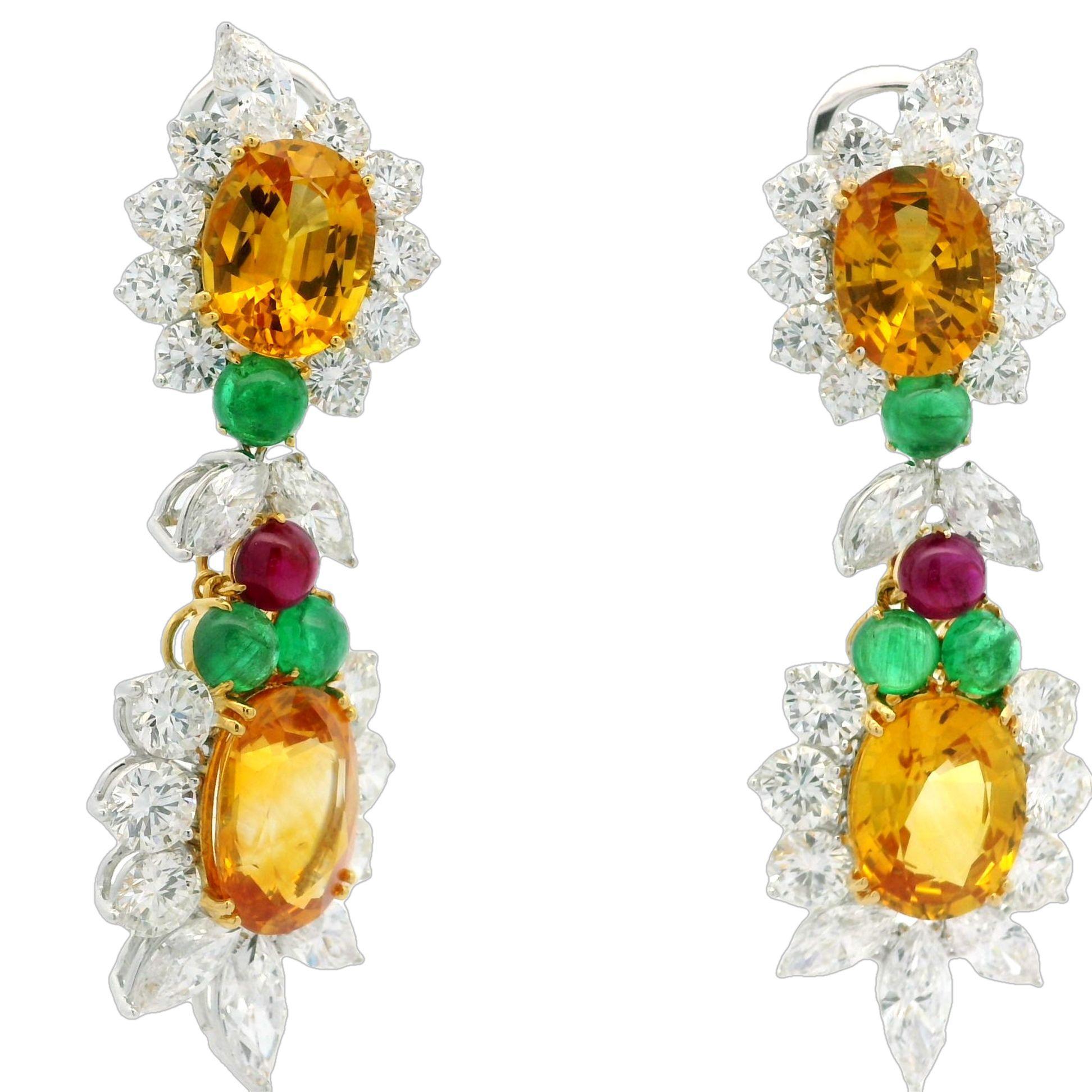 Pendants d'oreilles en platine et or 35,09 carats, certifiés GIA, saphir, émeraude, rubis et diamant en vente 4