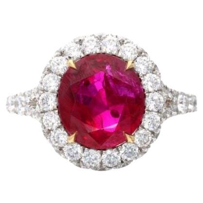 SSEF Swiss Certified, 3.91 Cts Burmese None Heated Ruby and Diamond Ring For Sale