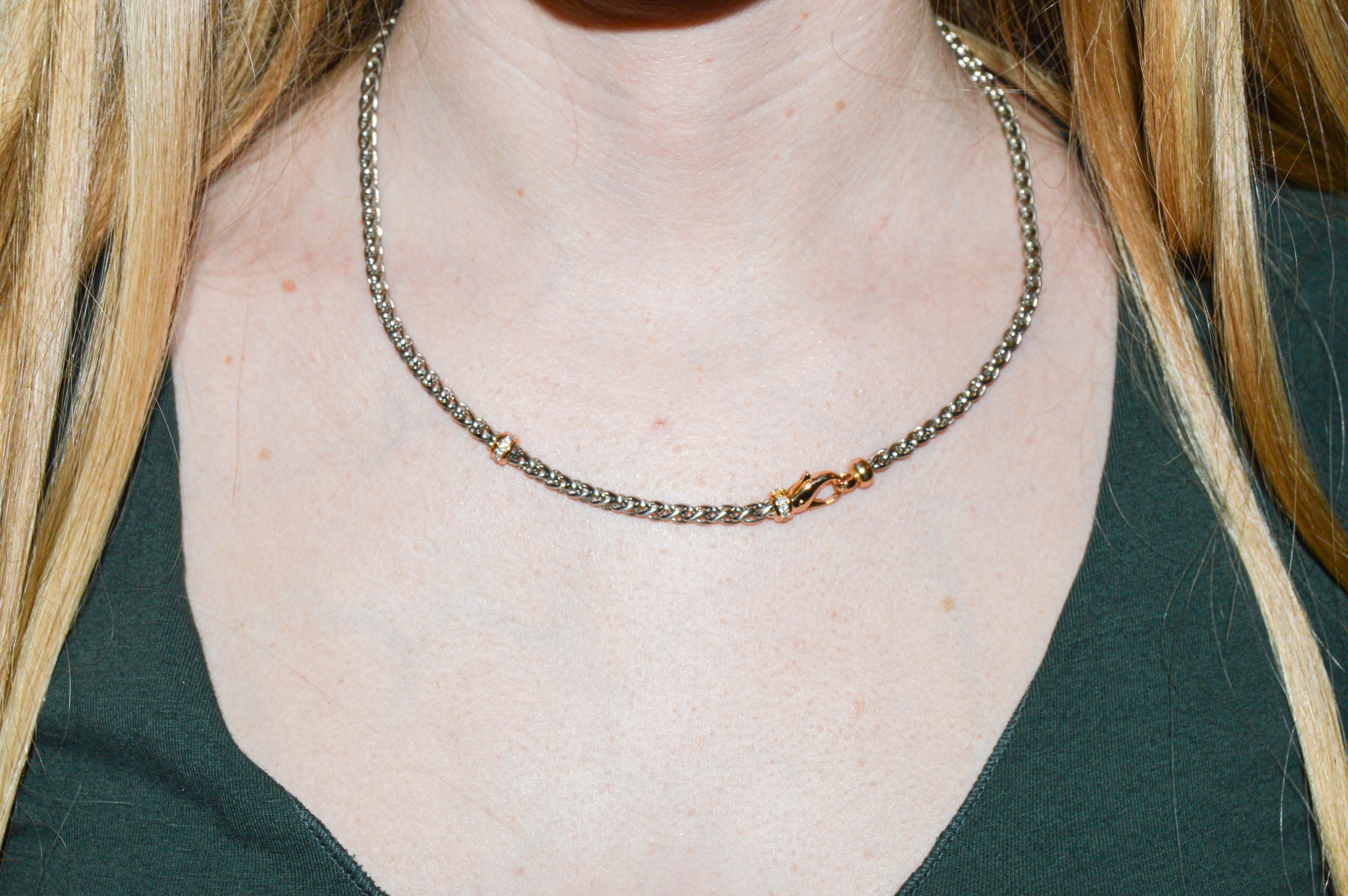 Chaîne de collier, bracelet ou montre de poche tissée à maillons en or platine, or et diamants en vente 1