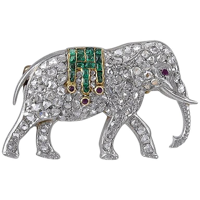Platinum, Gold and Diamond Walking Elephant Brooch For Sale