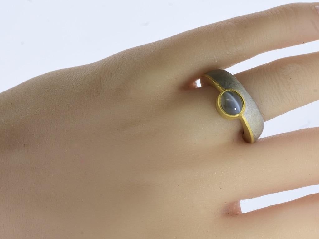 Unusual and fine gem quality intense color natural Cat's Eye Chrysoberyl ring by Michael Zobel. This distinctive ring is crafted from platinum with a sleek, brushed finish - a favorite finish by this master goldsmith. A 22k gold bezel securely holds