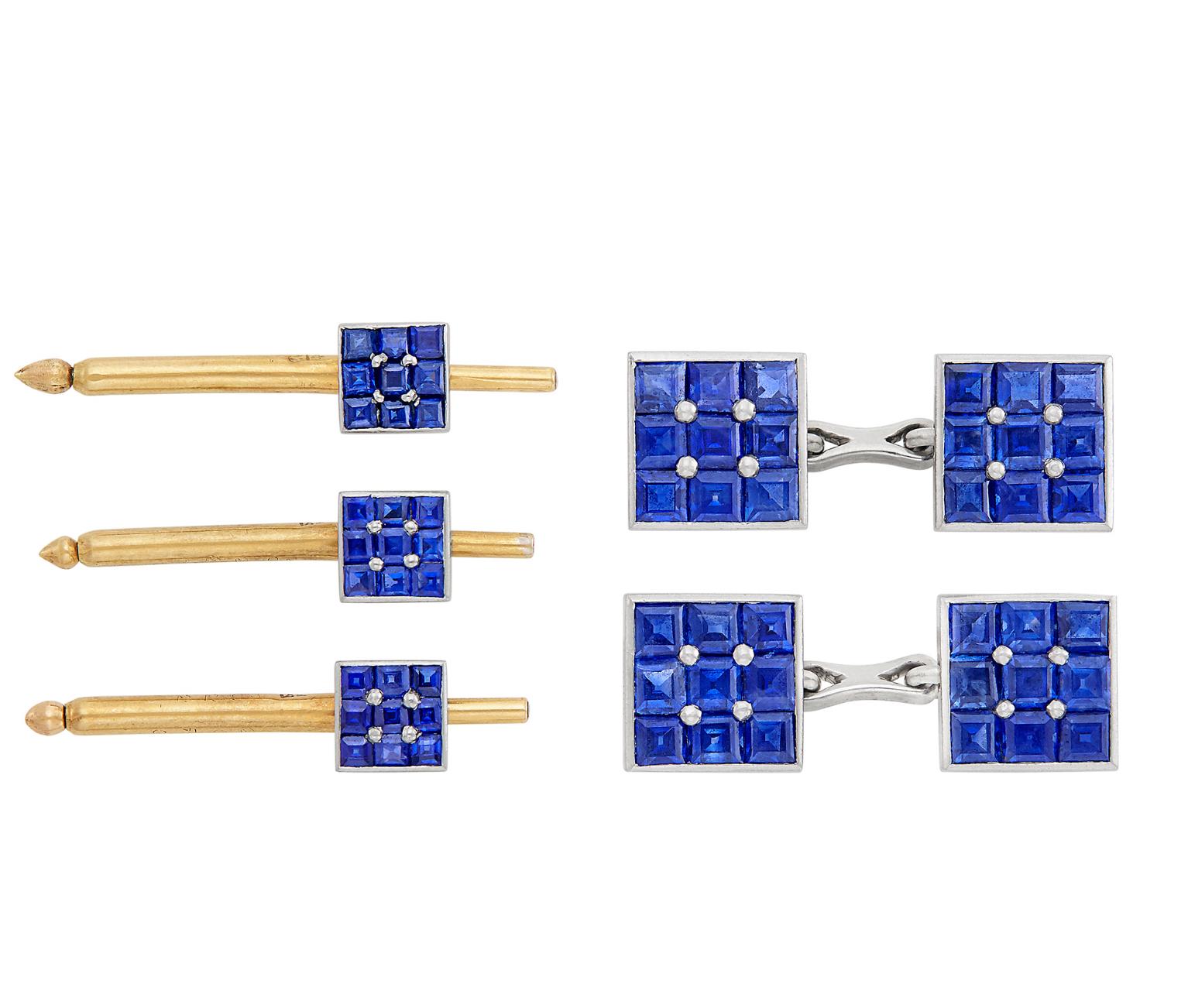 Platinum, 14 karat gold and Sapphire Dress Set featuring a pair of double-sided cufflinks with three studs, composed of square panels set with 63 square-cut Sapphires approximately 7.00 cts., cufflinks signed Cartier, no. 6750, approximately 9.6