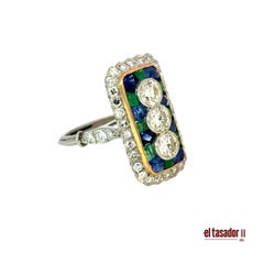 Platinum & Gold Art Deco Diamond, Sapphire and Emerald Ring