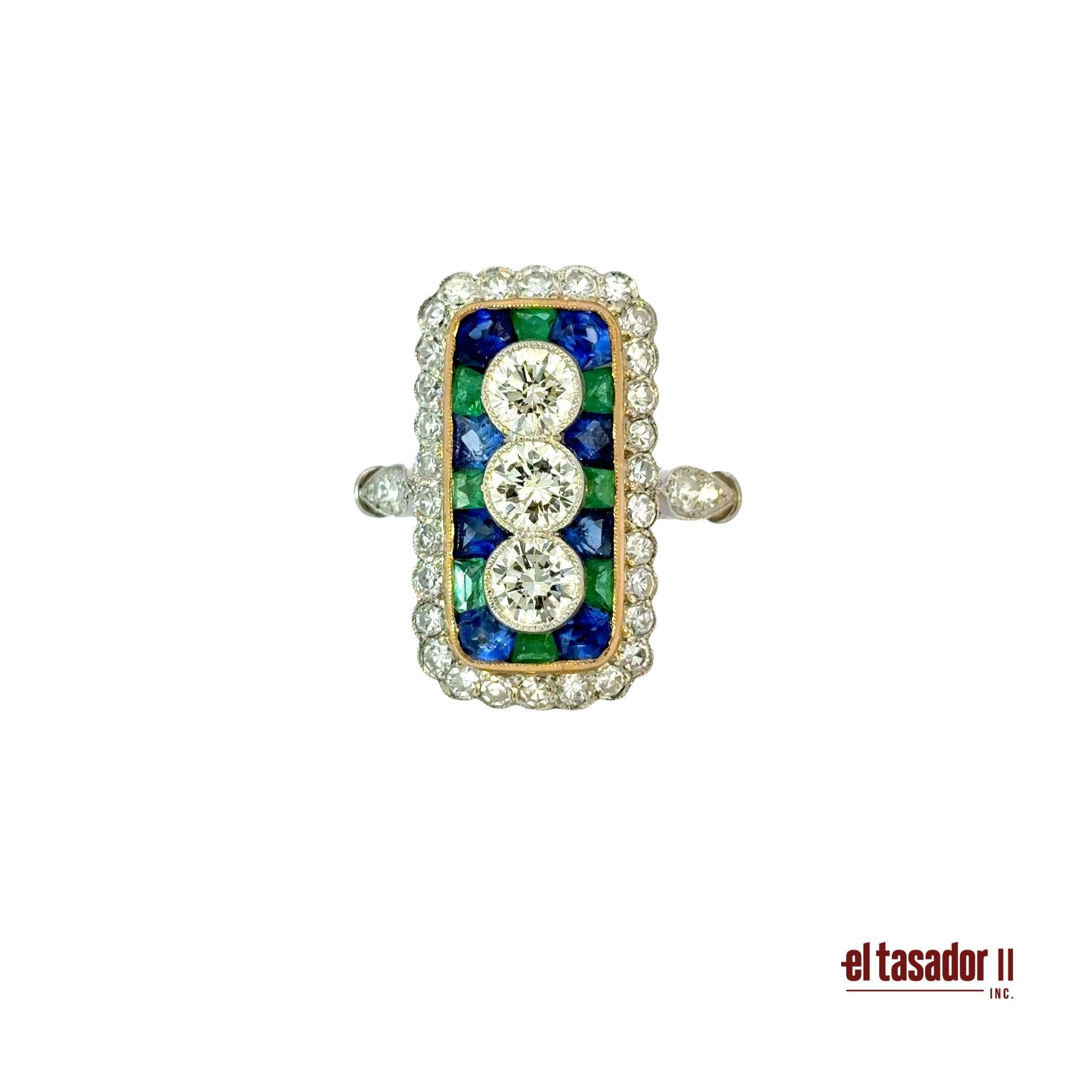 Platinum
Gold Art Deco Diamond, Sapphire and Emerald Ring