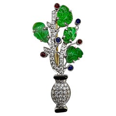 Platinum & Gold Art-Deco Foliate Design European Brooch with Diamonds and Color