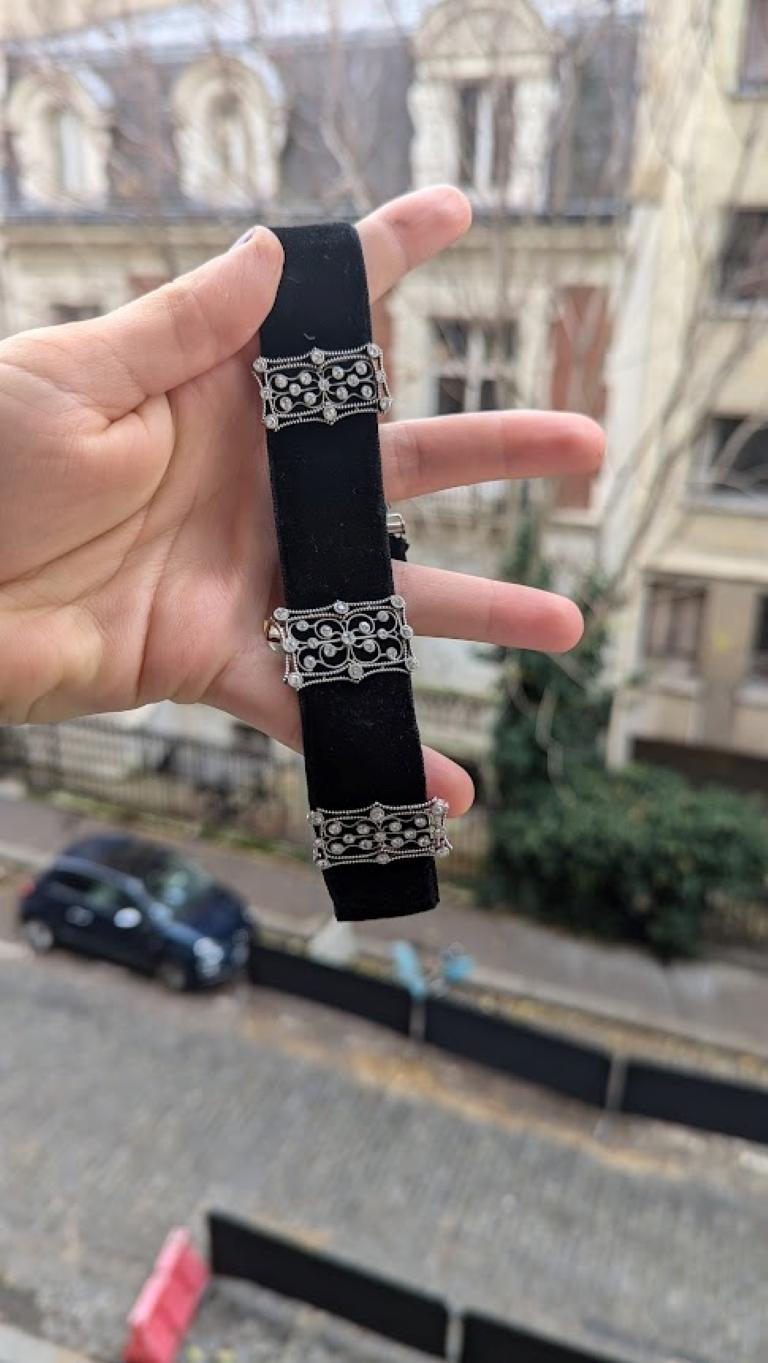 This delicate, beautiful statement piece blends Victorian Gothic style with Art Nouveau. Belle Époque styles are known to be elegant, vivacious and delightful. It features three, separate diamond pins set on a velvet choker, that is fed through the