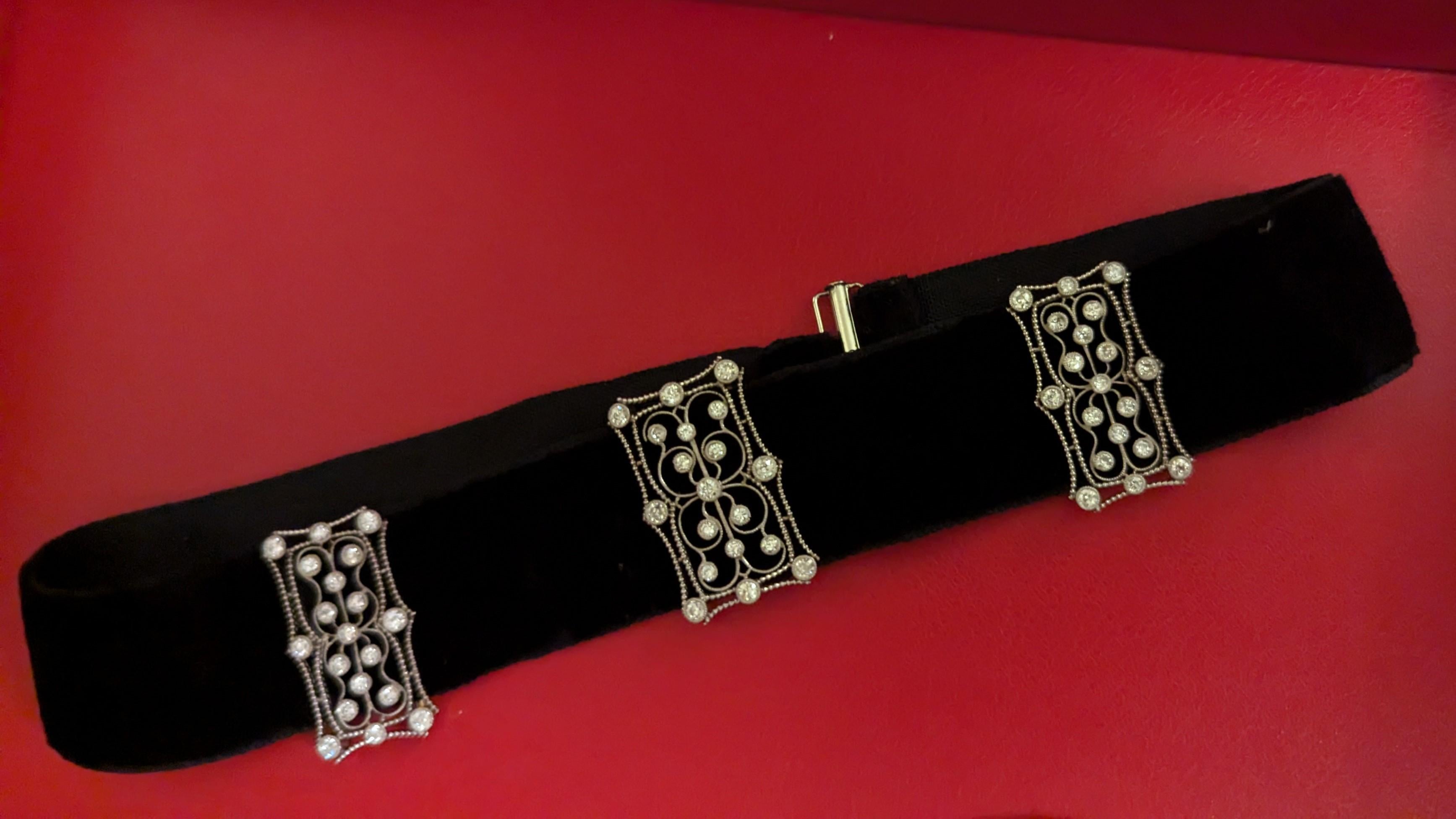 Diamond Platinum Gold Black Velvet Belle Epoque Choker Necklace For Sale 1