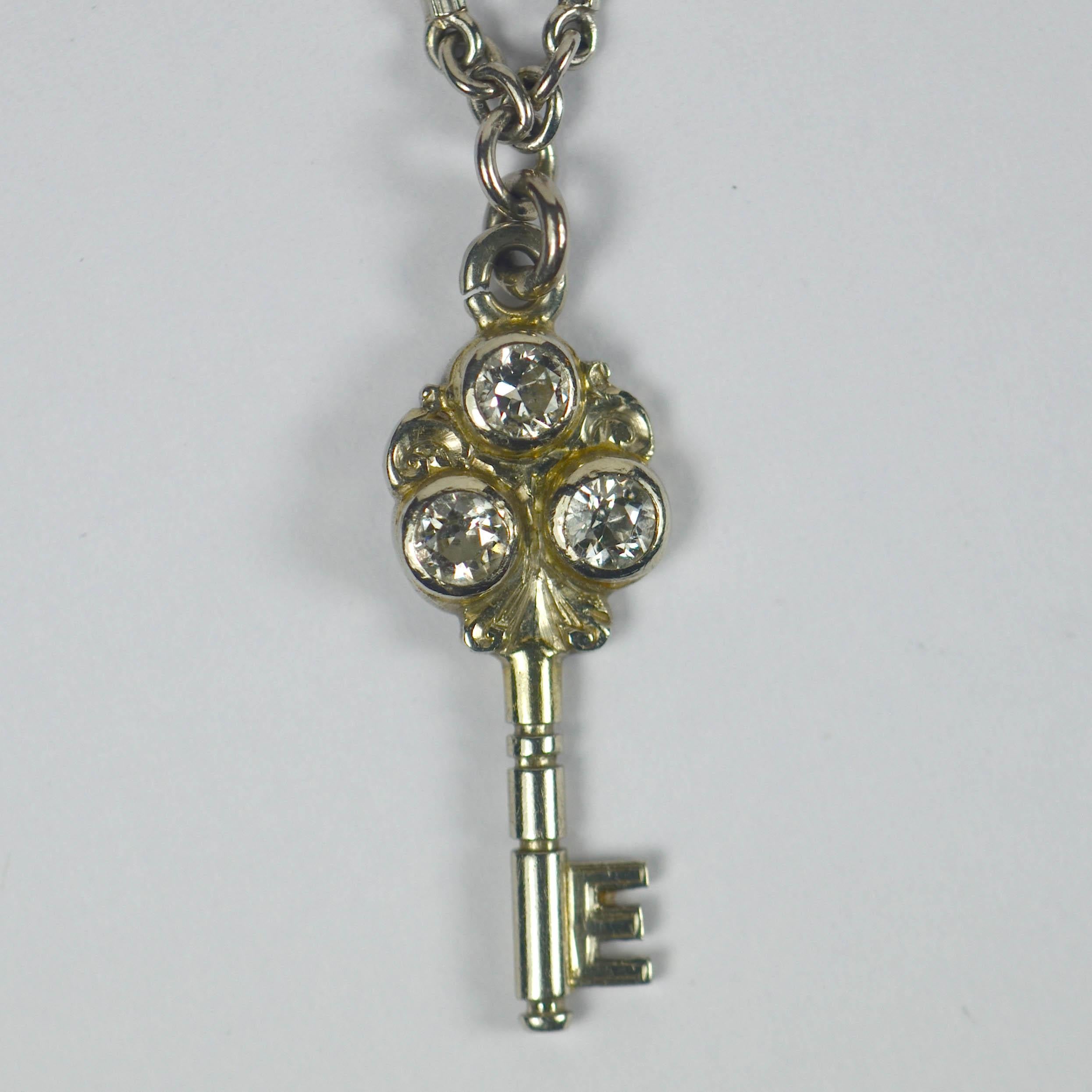 Art Deco Platinum Gold Diamond Key Charm Bracelet