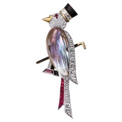 Platinum Gold Diamond Pearl Ruby Bird Brooch Pin