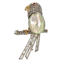 Vintage Platinum Gold Diamond Pearl Ruby Parrot Brooch