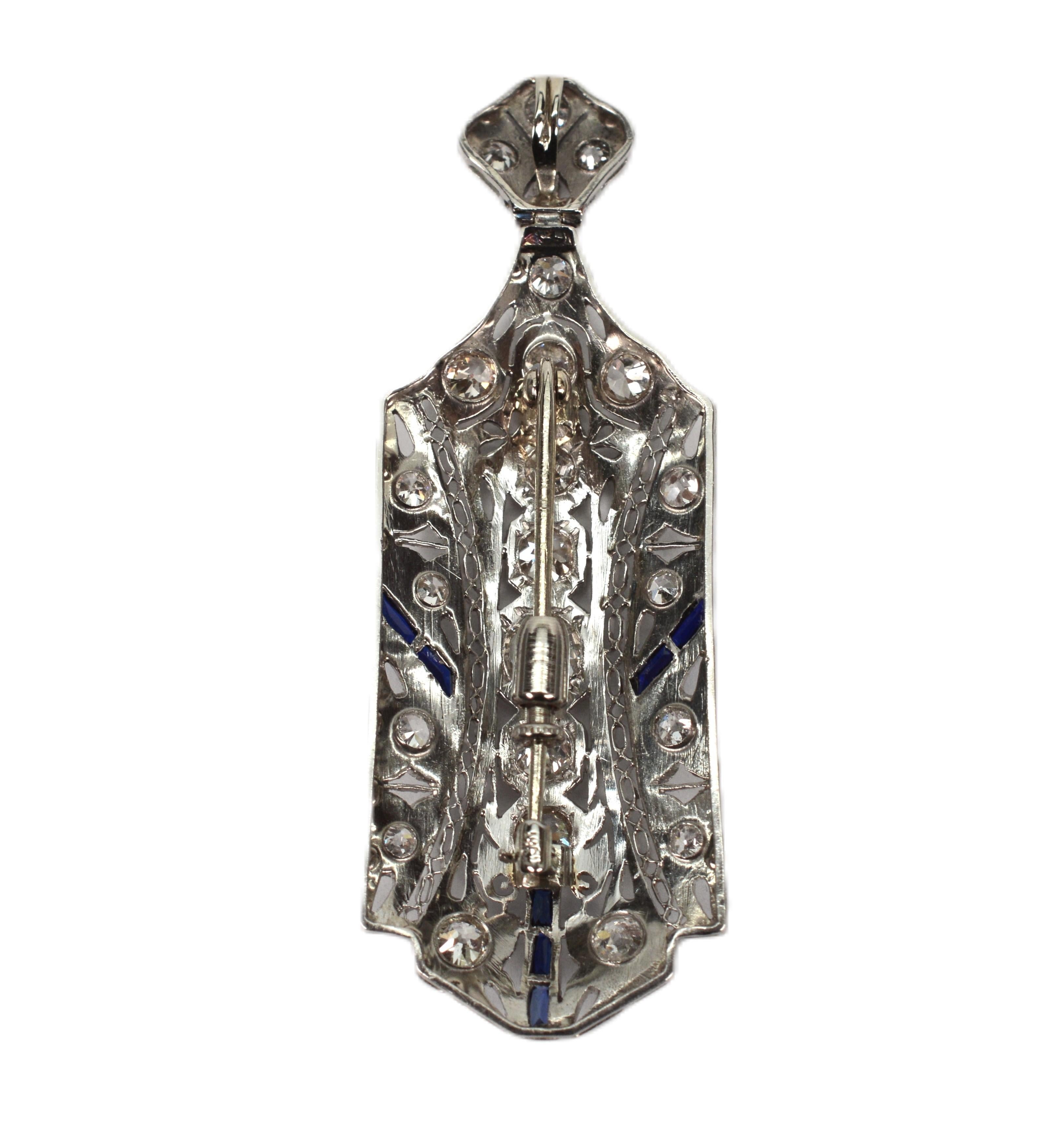 Mixed Cut Platinum Gold Diamond Sapphire Art Deco Brooch Pendant For Sale
