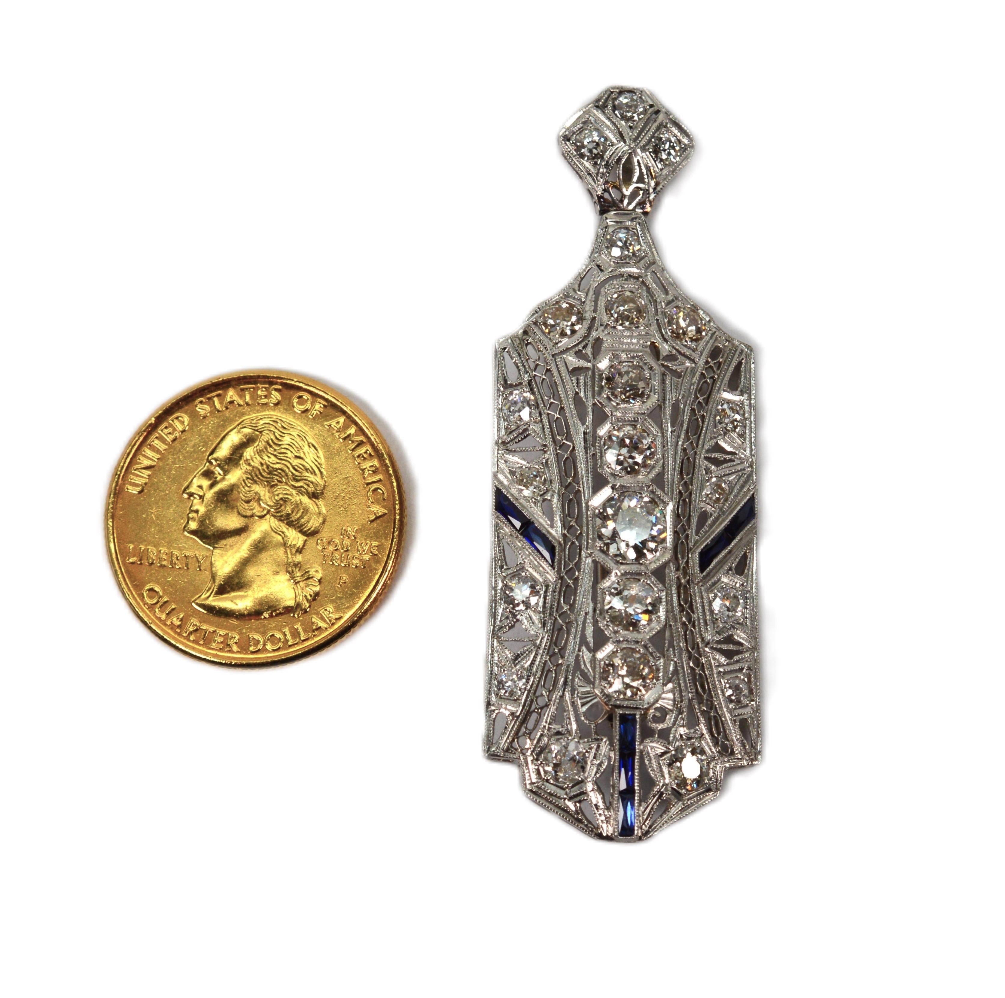 Platinum Gold Diamond Sapphire Art Deco Brooch Pendant In Excellent Condition For Sale In Mount Kisco, NY