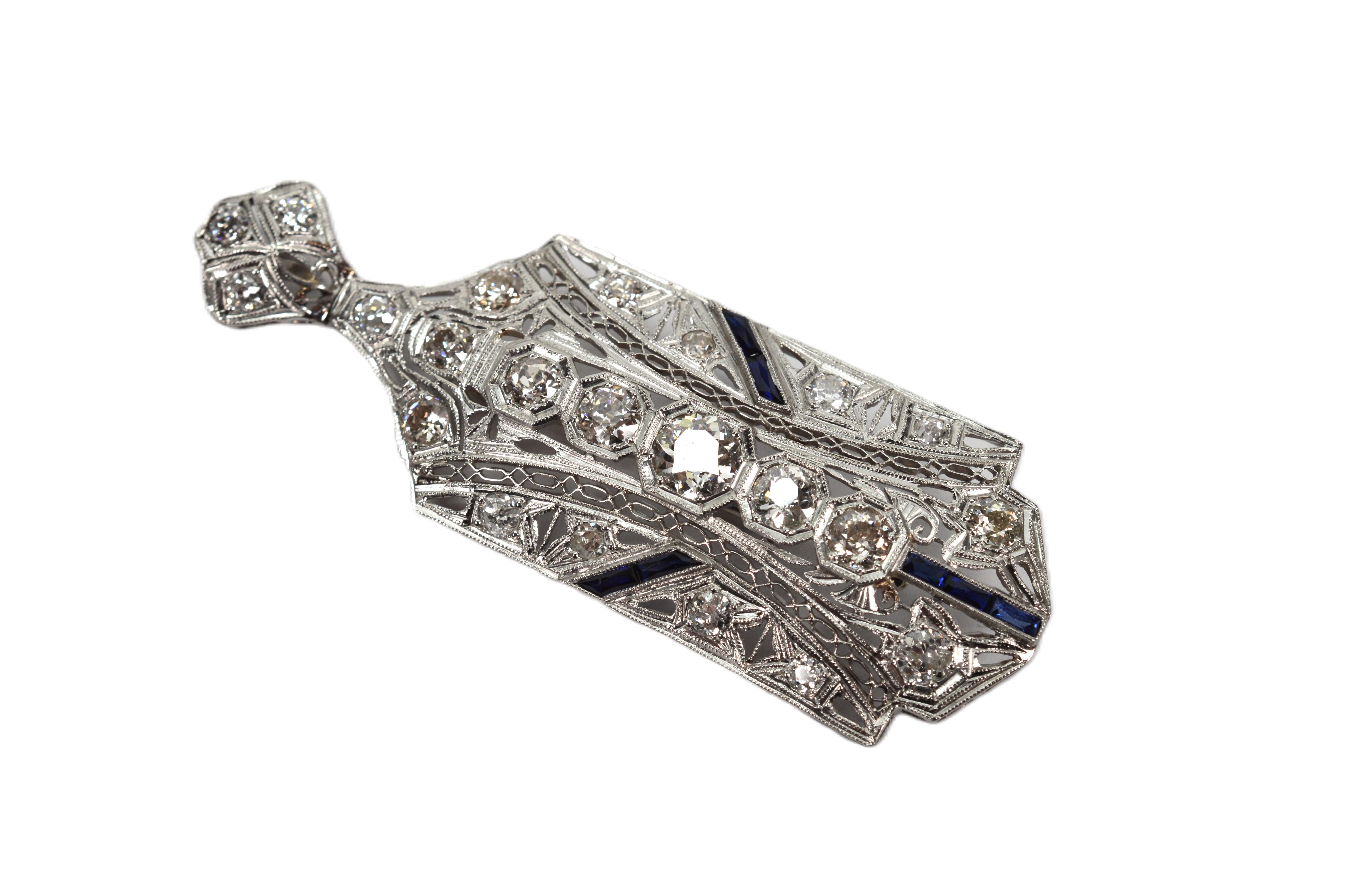 Women's Platinum Gold Diamond Sapphire Art Deco Brooch Pendant For Sale