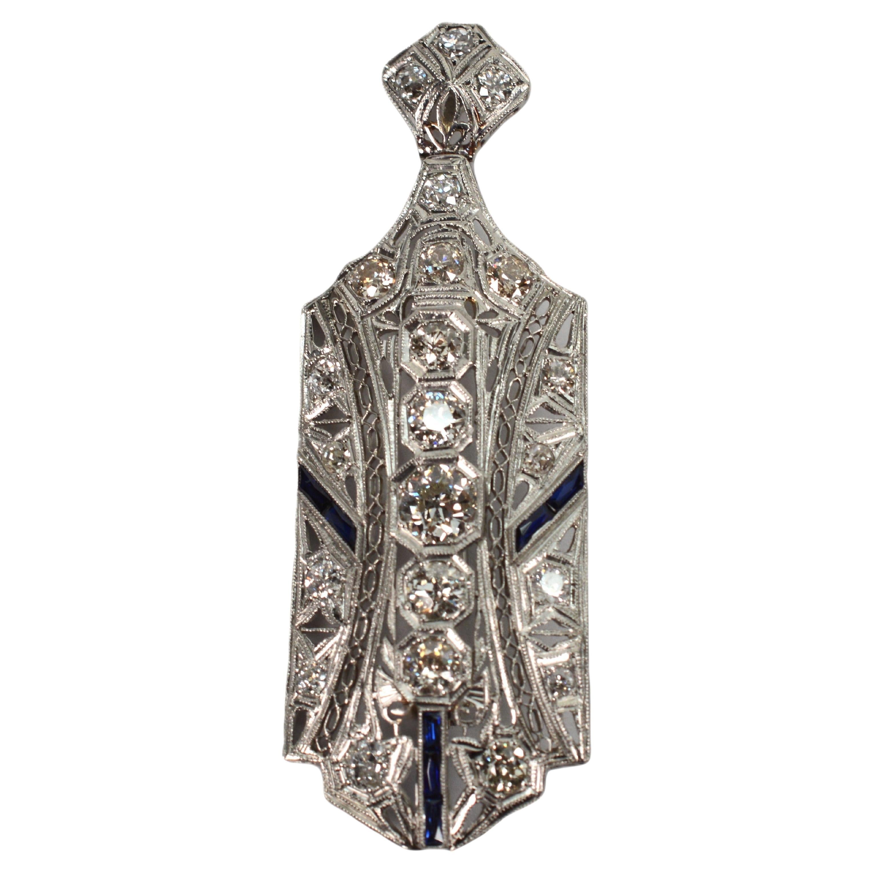 Colgante Broche Art Decó Platino Oro Diamante Zafiro