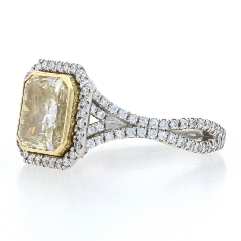 For Sale:  Platinum & Gold Fancy Yellow Diamond Halo Custom Ring, 18k Radiant 3.28ctw GIA 3