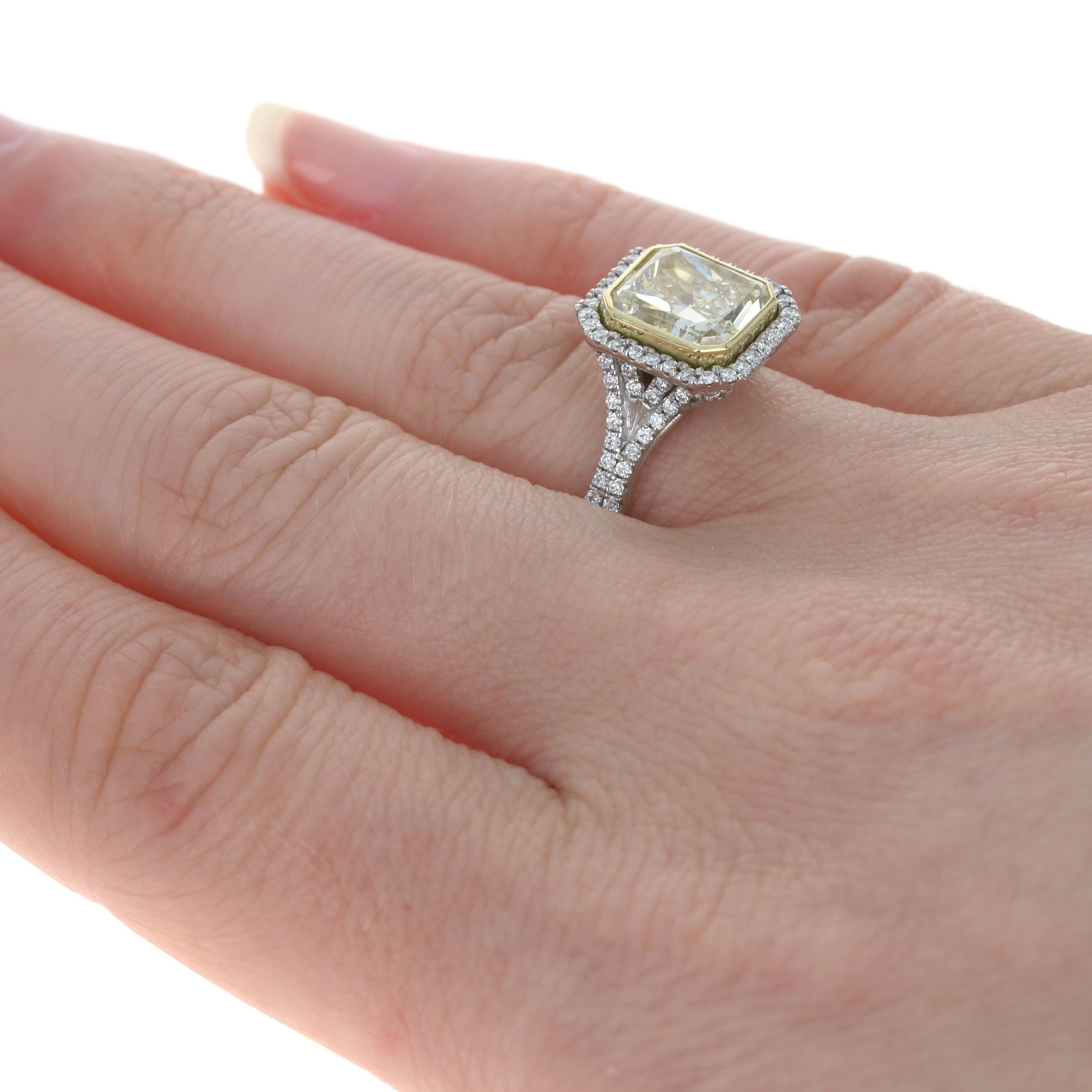 For Sale:  Platinum & Gold Fancy Yellow Diamond Halo Custom Ring, 18k Radiant 3.28ctw GIA 4