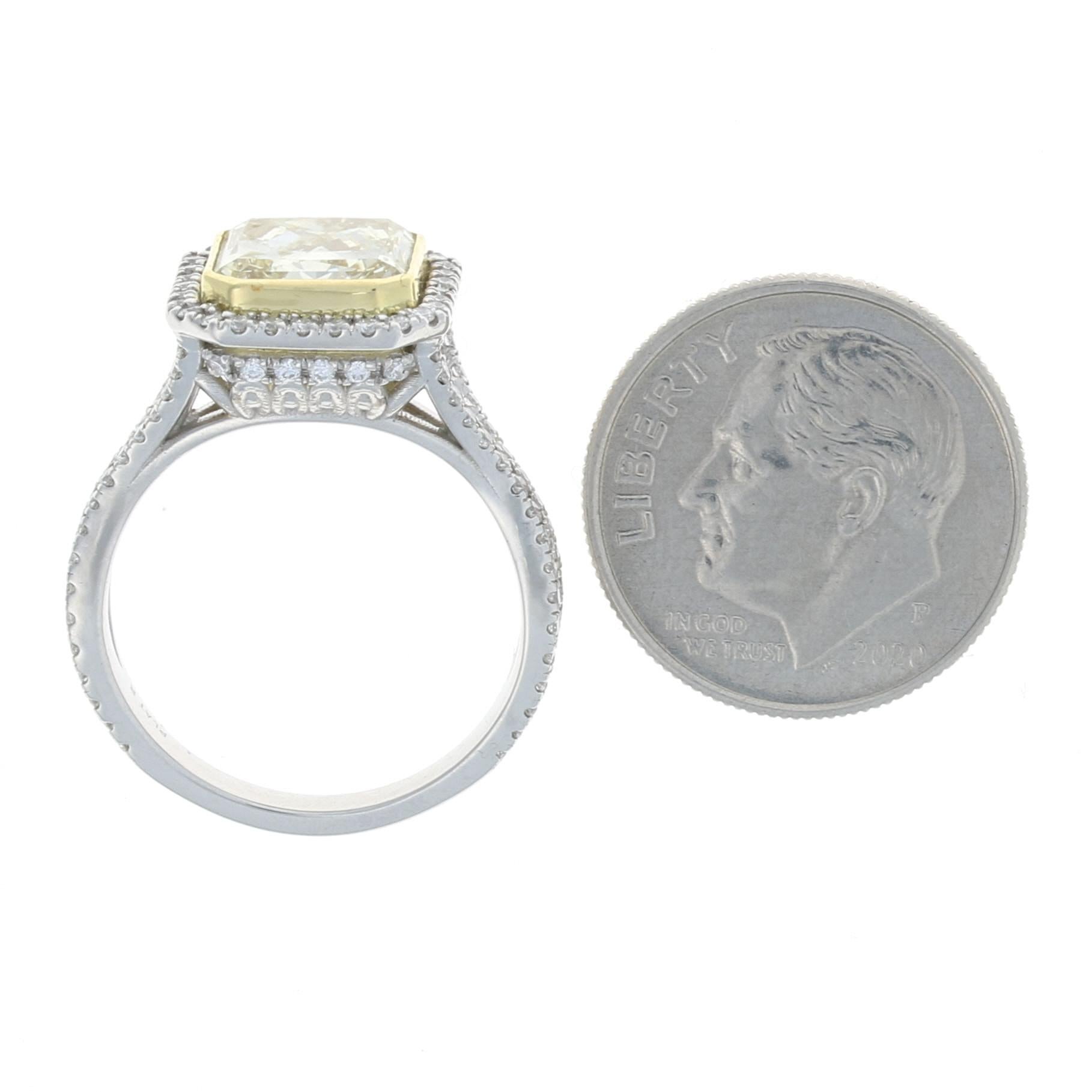 For Sale:  Platinum & Gold Fancy Yellow Diamond Halo Custom Ring, 18k Radiant 3.28ctw GIA 5