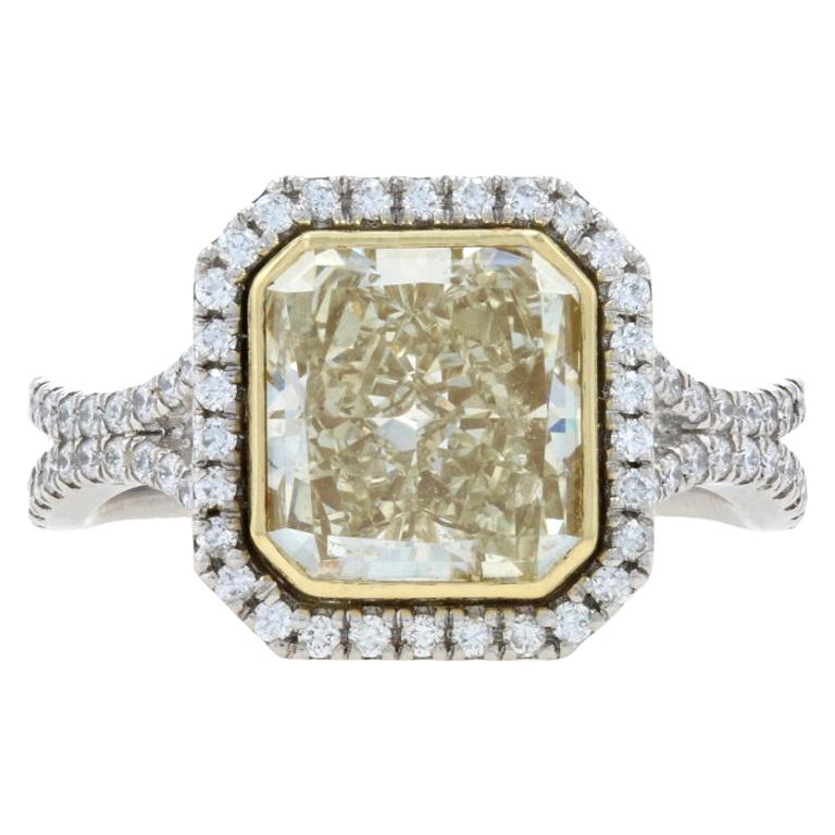 For Sale:  Platinum & Gold Fancy Yellow Diamond Halo Custom Ring, 18k Radiant 3.28ctw GIA