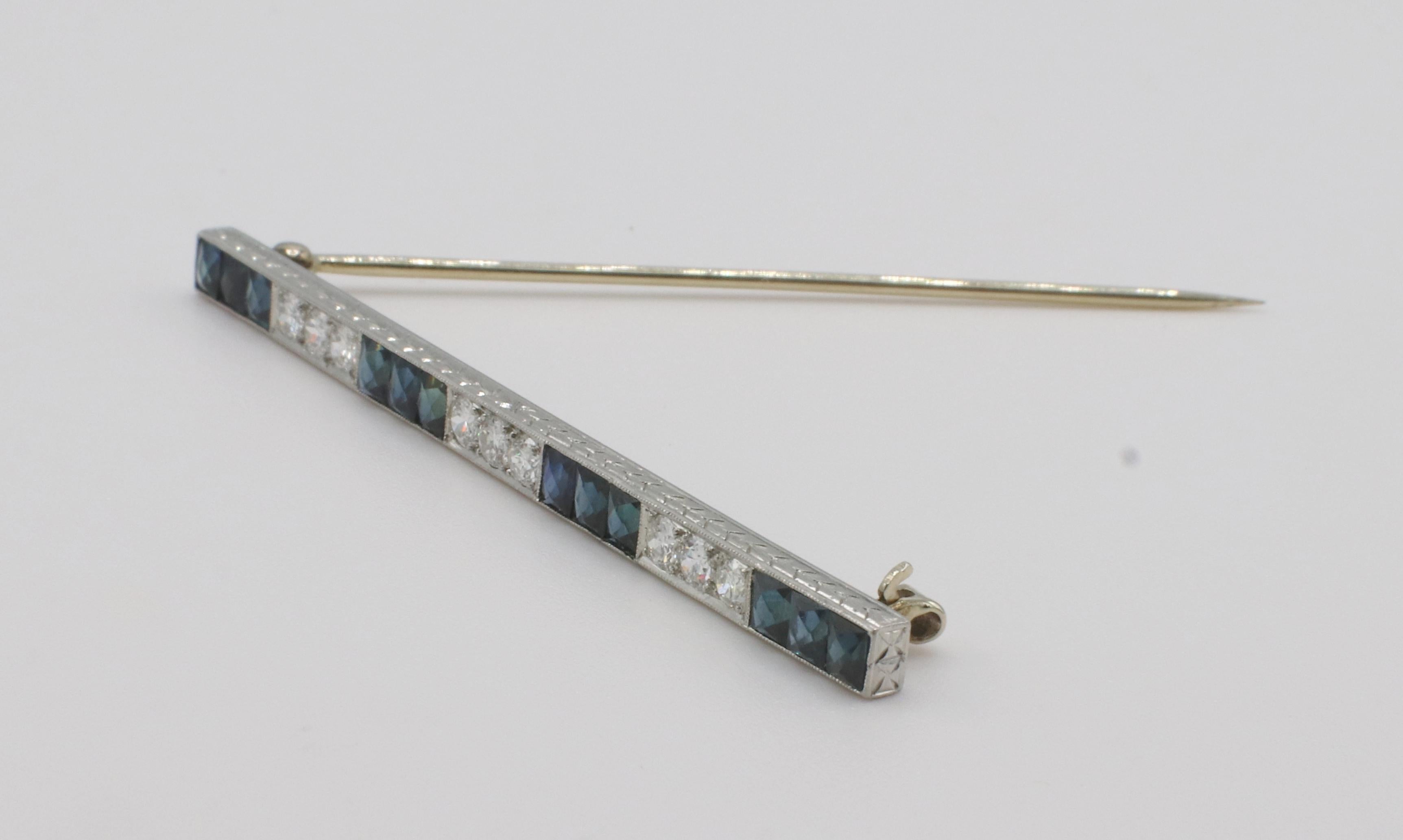 Platinum & Gold French Cut Sapphire and Old European Cut Diamond Bar Pin Brooch In Excellent Condition In  Baltimore, MD