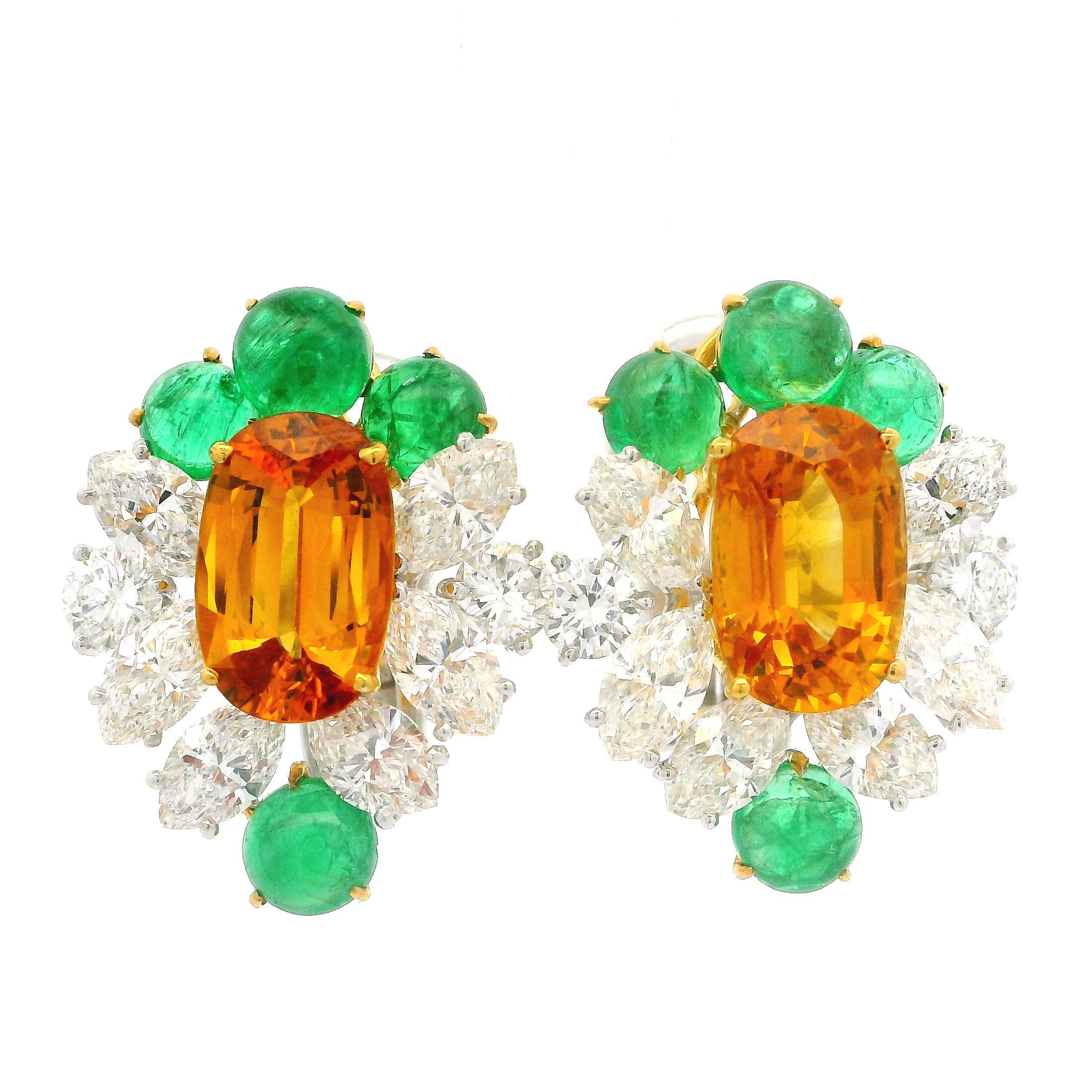 Taille ovale Boucles d'oreilles en platine et or 15,81 ctw, saphir jaune orange, émeraude et diamant certifié GIA en vente