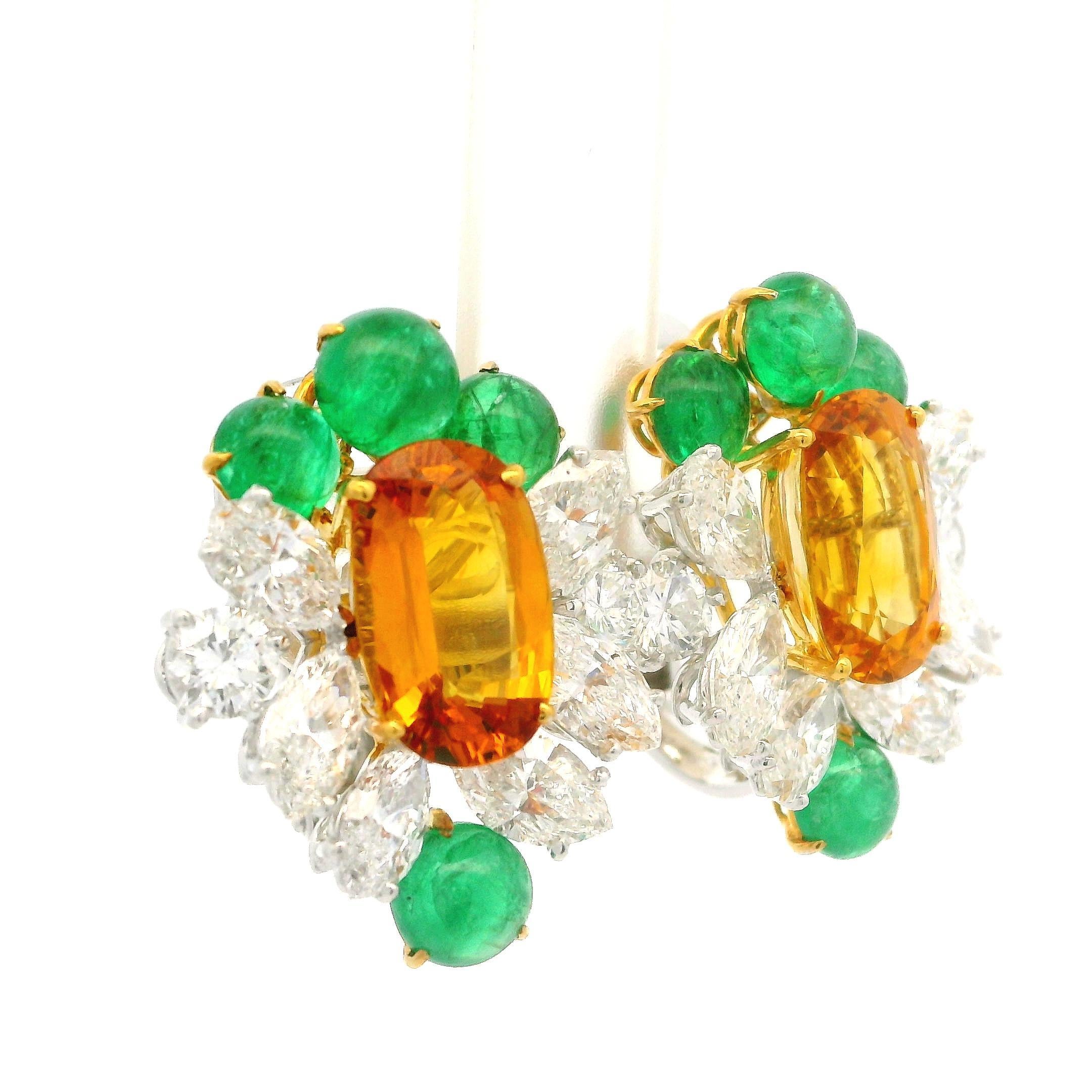 Boucles d'oreilles en platine et or 15,81 ctw, saphir jaune orange, émeraude et diamant certifié GIA Excellent état - En vente à Montclair, NJ