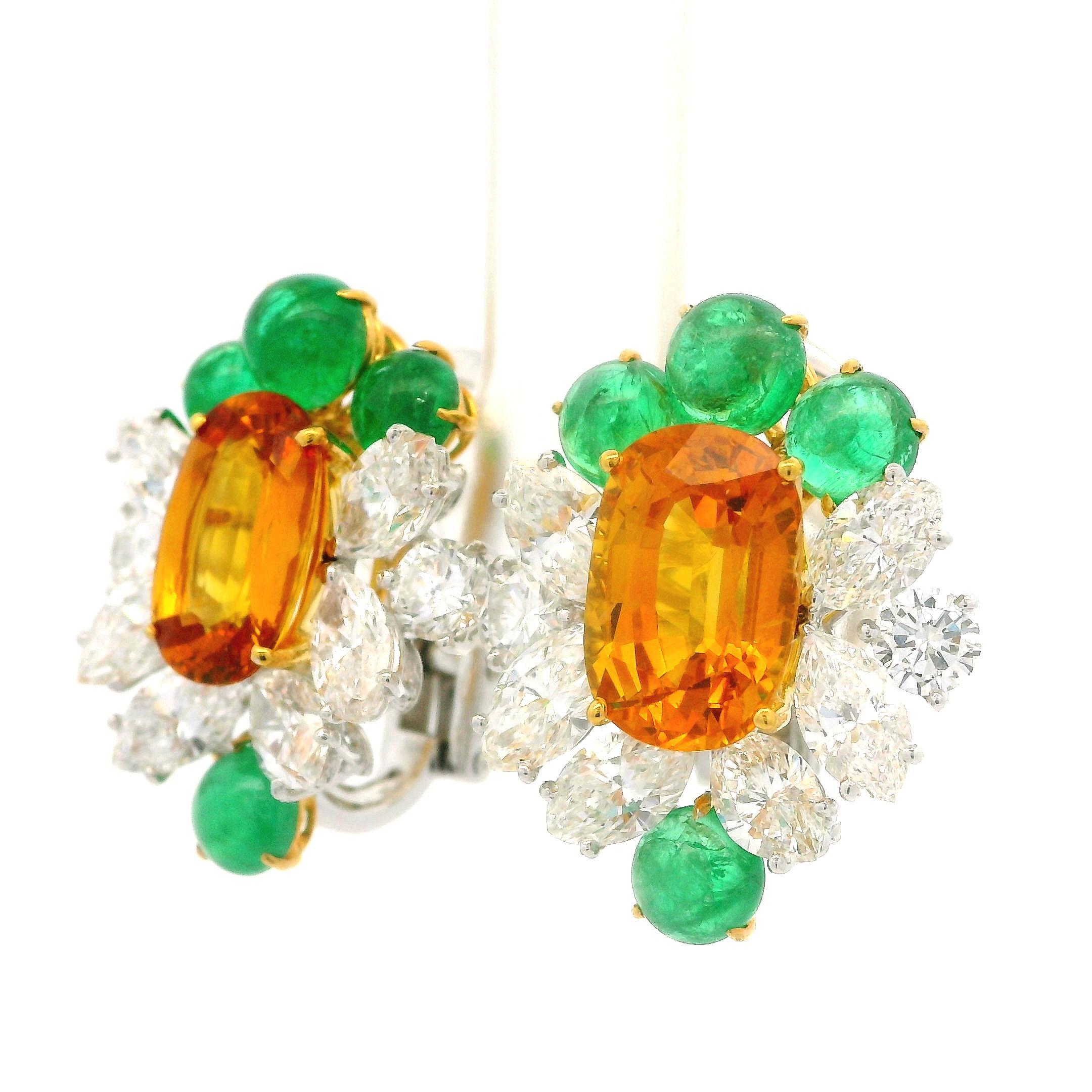 Boucles d'oreilles en platine et or 15,81 ctw, saphir jaune orange, émeraude et diamant certifié GIA Pour femmes en vente
