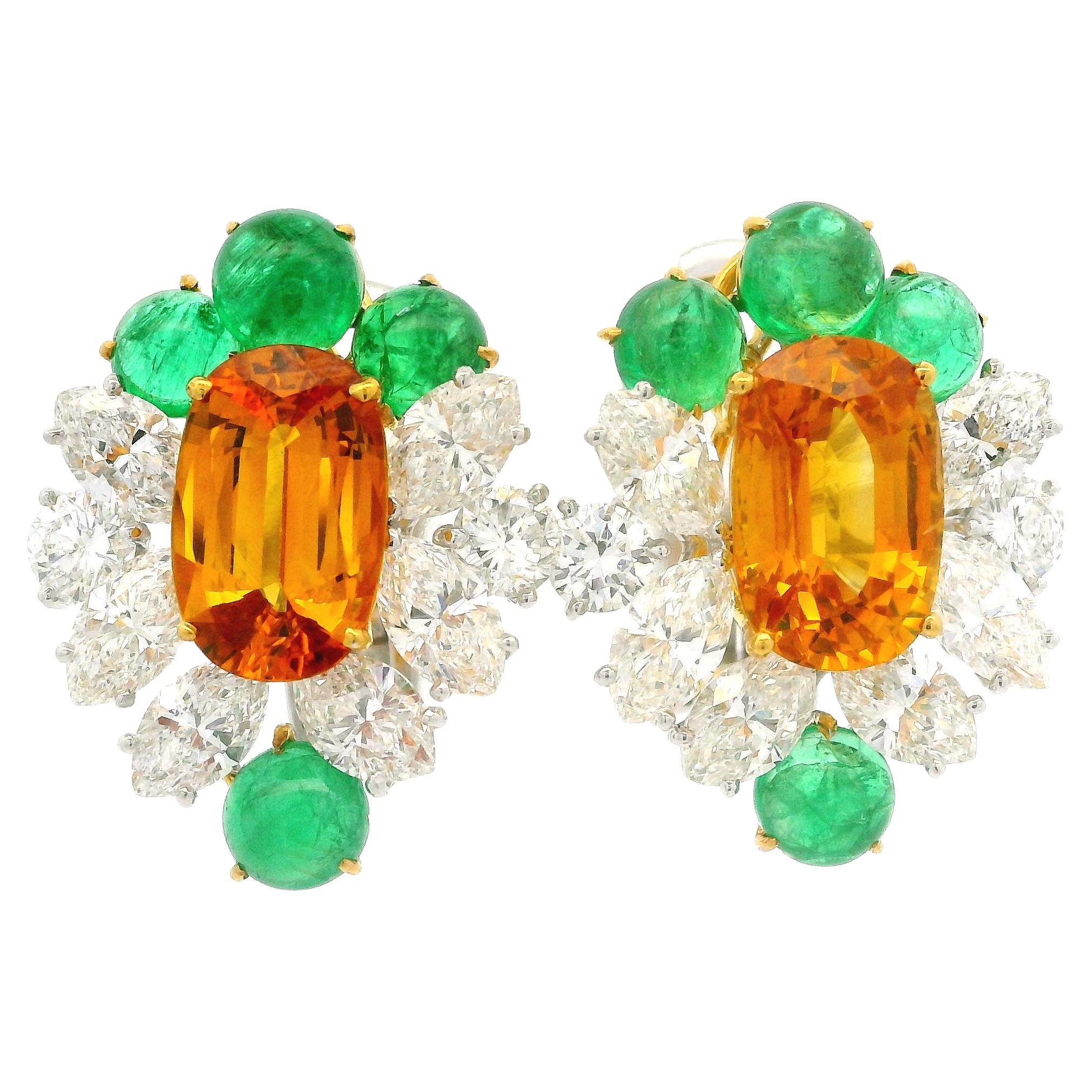 Platinum & Gold GIA 15.81ctw Yellow Orange Sapphire Emerald Diamond Earrings