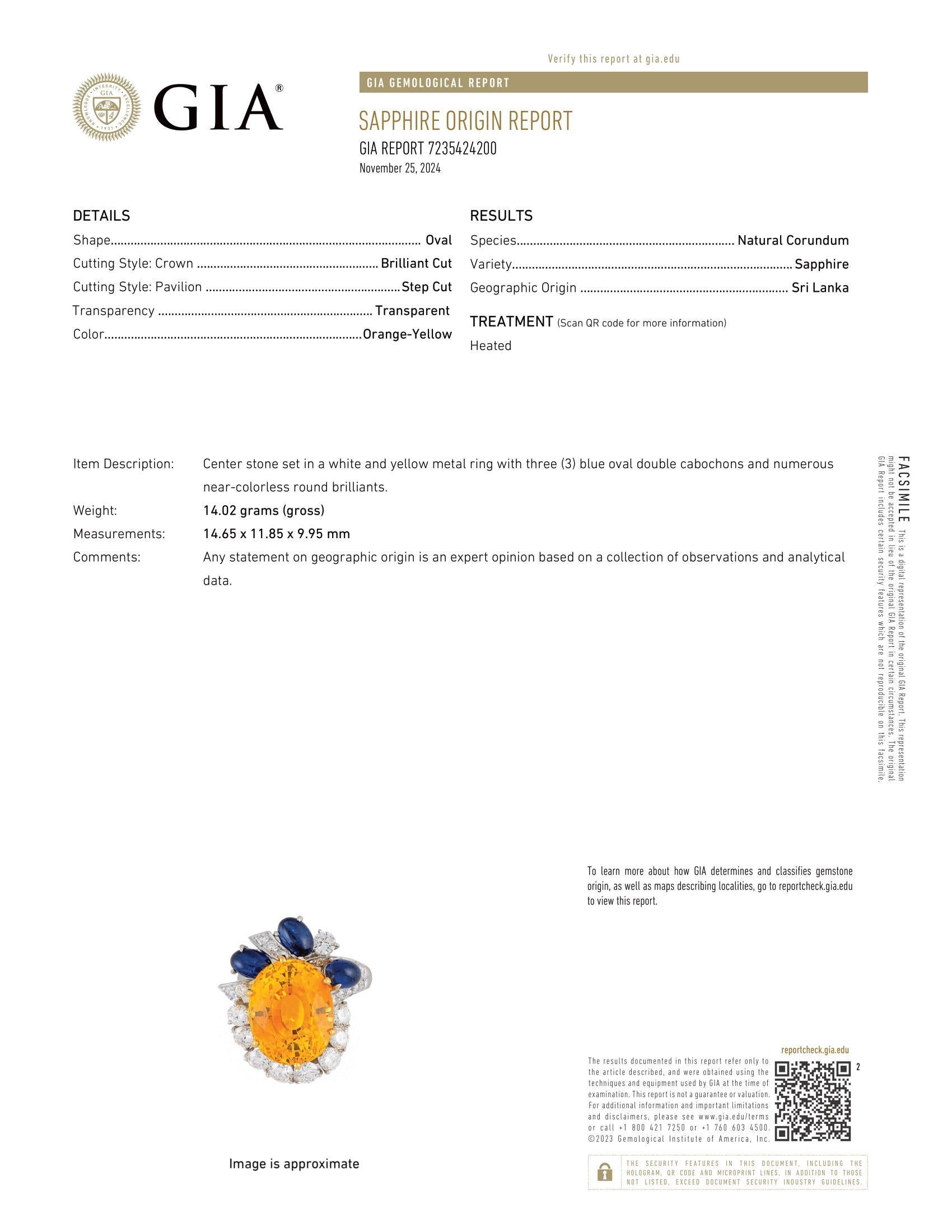 Platinum & Gold GIA 17.59ct Large Yellow Sapphire Blue Sapphire & Diamond Ring For Sale 8