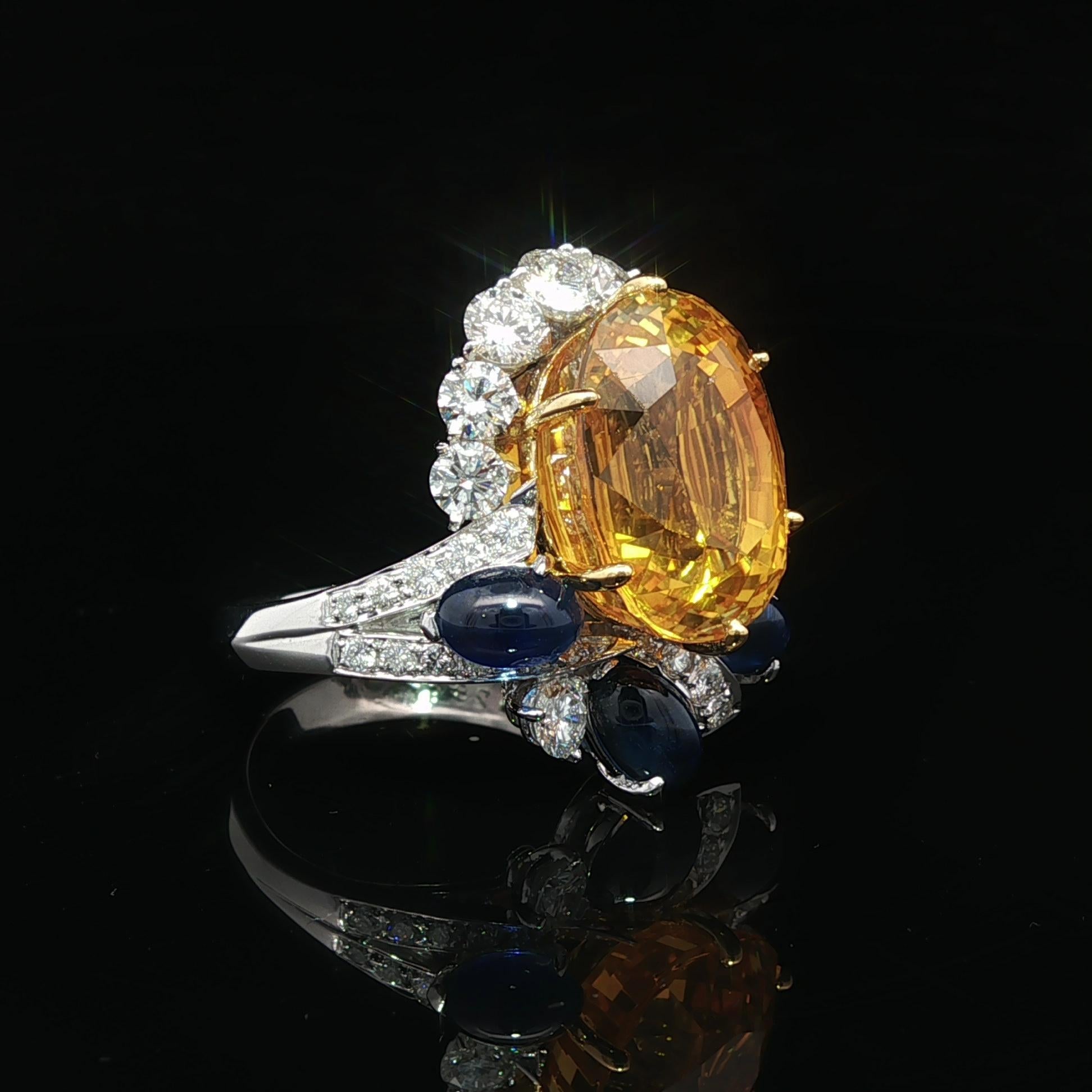 Brilliant Cut Platinum & Gold GIA 17.59ct Large Yellow Sapphire Blue Sapphire & Diamond Ring For Sale