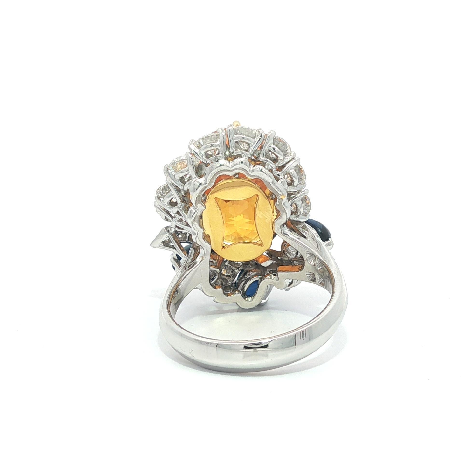 Women's Platinum & Gold GIA 17.59ct Large Yellow Sapphire Blue Sapphire & Diamond Ring For Sale