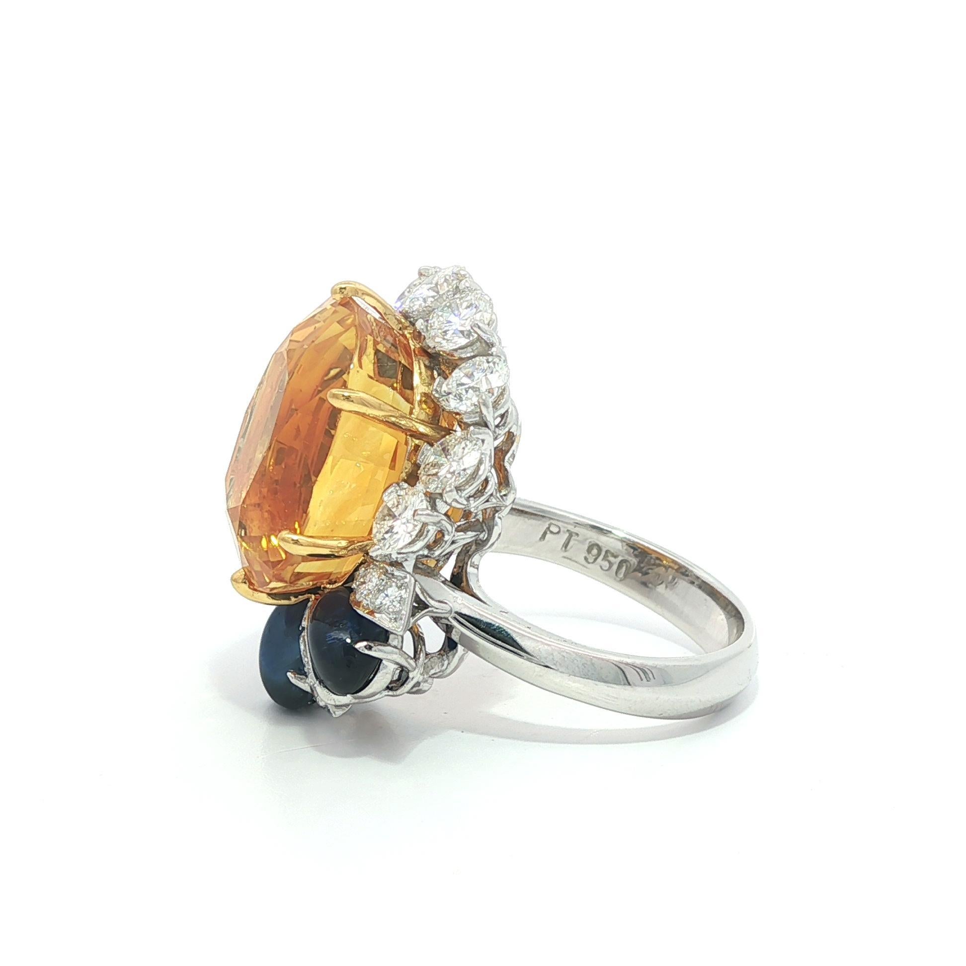 Platinum & Gold GIA 17.59ct Large Yellow Sapphire Blue Sapphire & Diamond Ring For Sale 2