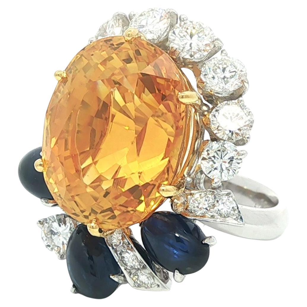 Platinum 
Gold GIA 17.59ct Large Yellow Sapphire Blue Sapphire 
Diamond Ring For Sale