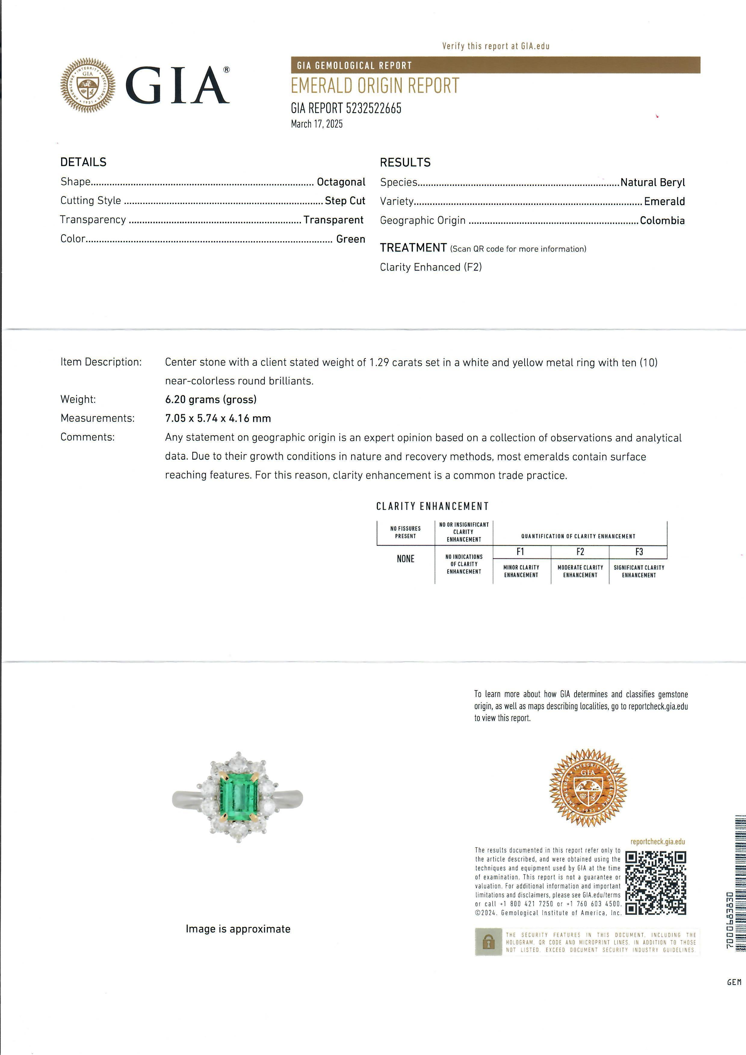 Platin & Gold GIA 2,17ctw kolumbianischen Smaragd w / Diamant Halo Floral Ring im Zustand „Hervorragend“ im Angebot in Montclair, NJ