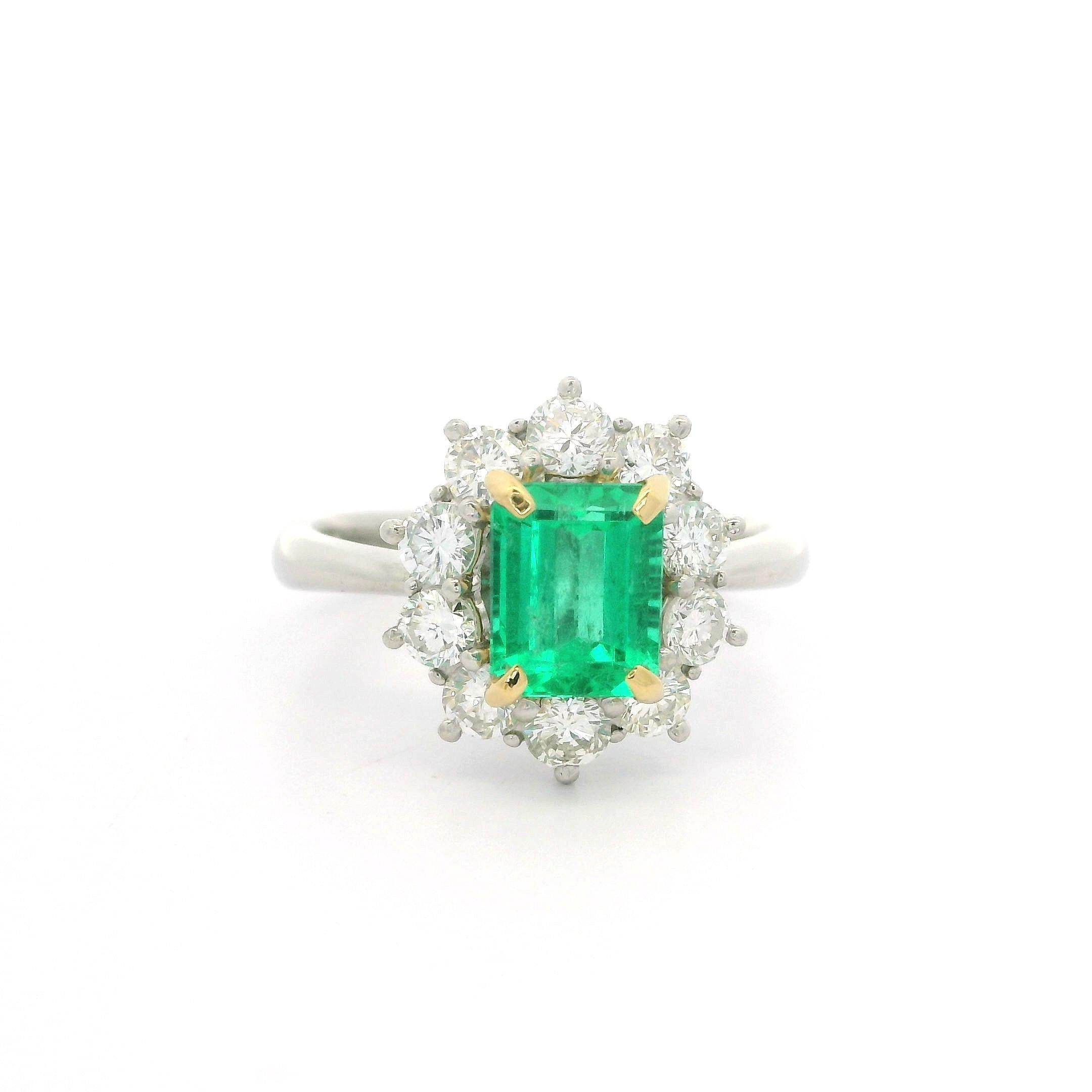 Platinum & Gold GIA 2.17ctw Colombian Emerald w/ Diamond Halo Floral Ring