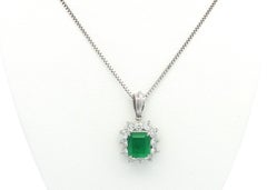 Platinum & Gold GIA 2.18ctw Colombian Emerald w/ Diamond Halo Pendant Necklace