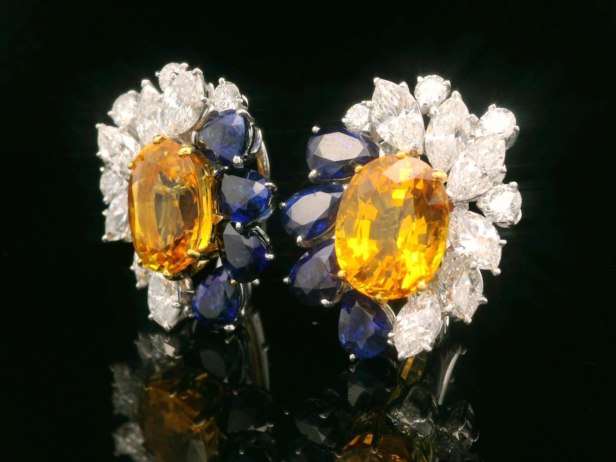 Boucles d'oreilles en platine et or avec saphirs jaunes, bleus orangés et saphirs 23,98 carats certifiés GIA en vente 6