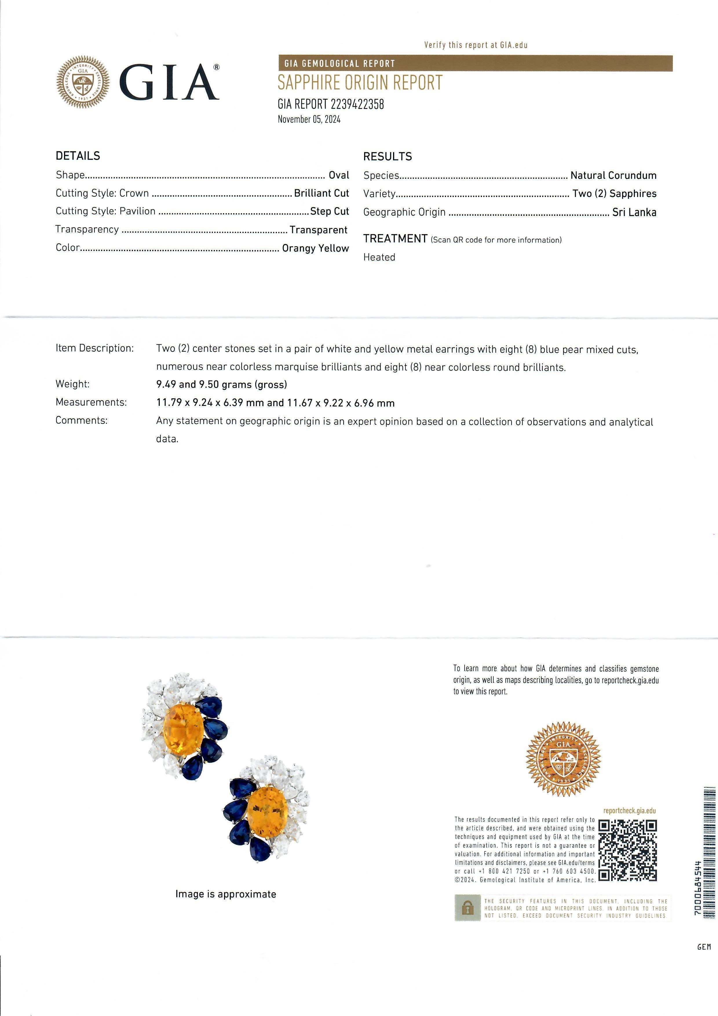 Taille ovale Boucles d'oreilles en platine et or avec saphirs jaunes, bleus orangés et saphirs 23,98 carats certifiés GIA en vente