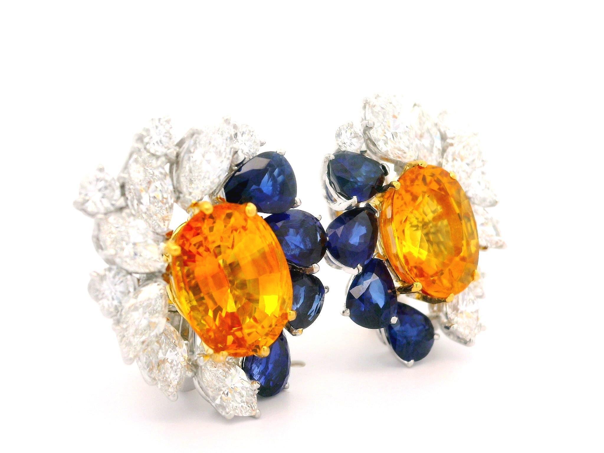 Boucles d'oreilles en platine et or avec saphirs jaunes, bleus orangés et saphirs 23,98 carats certifiés GIA Pour femmes en vente