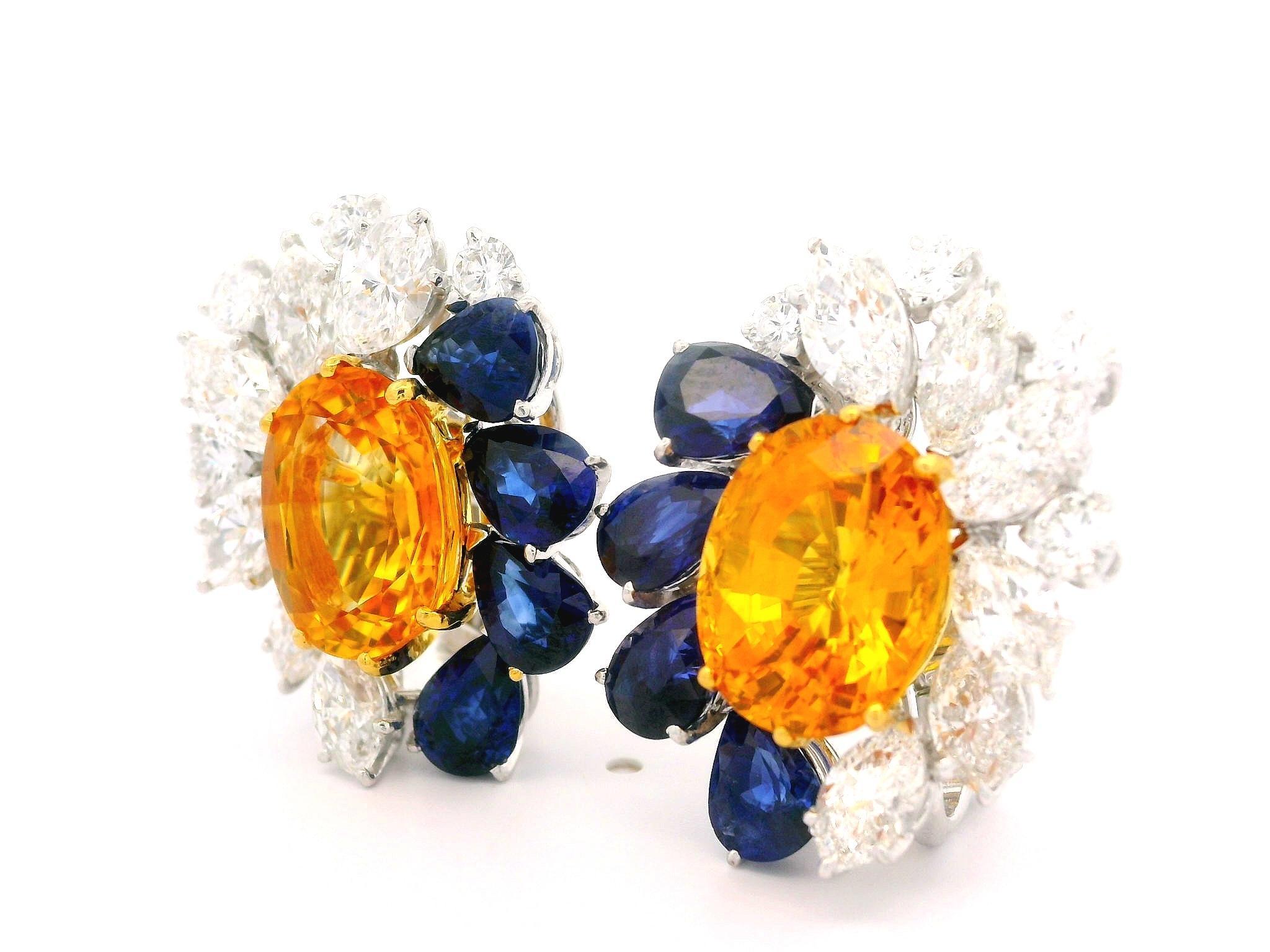 Boucles d'oreilles en platine et or avec saphirs jaunes, bleus orangés et saphirs 23,98 carats certifiés GIA en vente 1