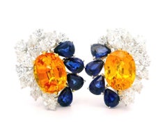 Platinum & Gold GIA 23.98ctw Orangy Yellow Blue Sapphire Diamond Earrings