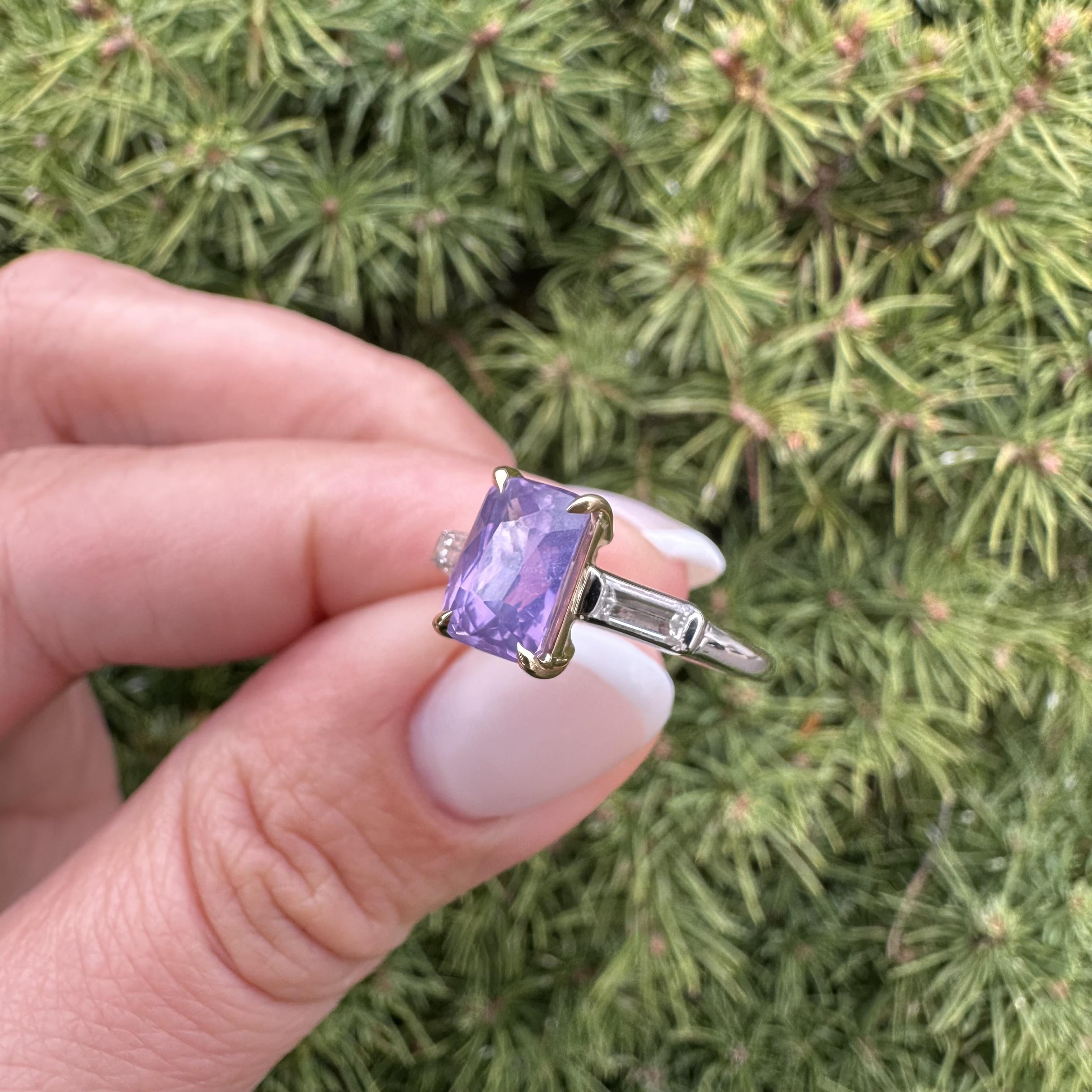 Anillo de diamantes zafiro alargado rosa púrpura sin calor de platino y oro GIA 3,53 ctw en venta 12