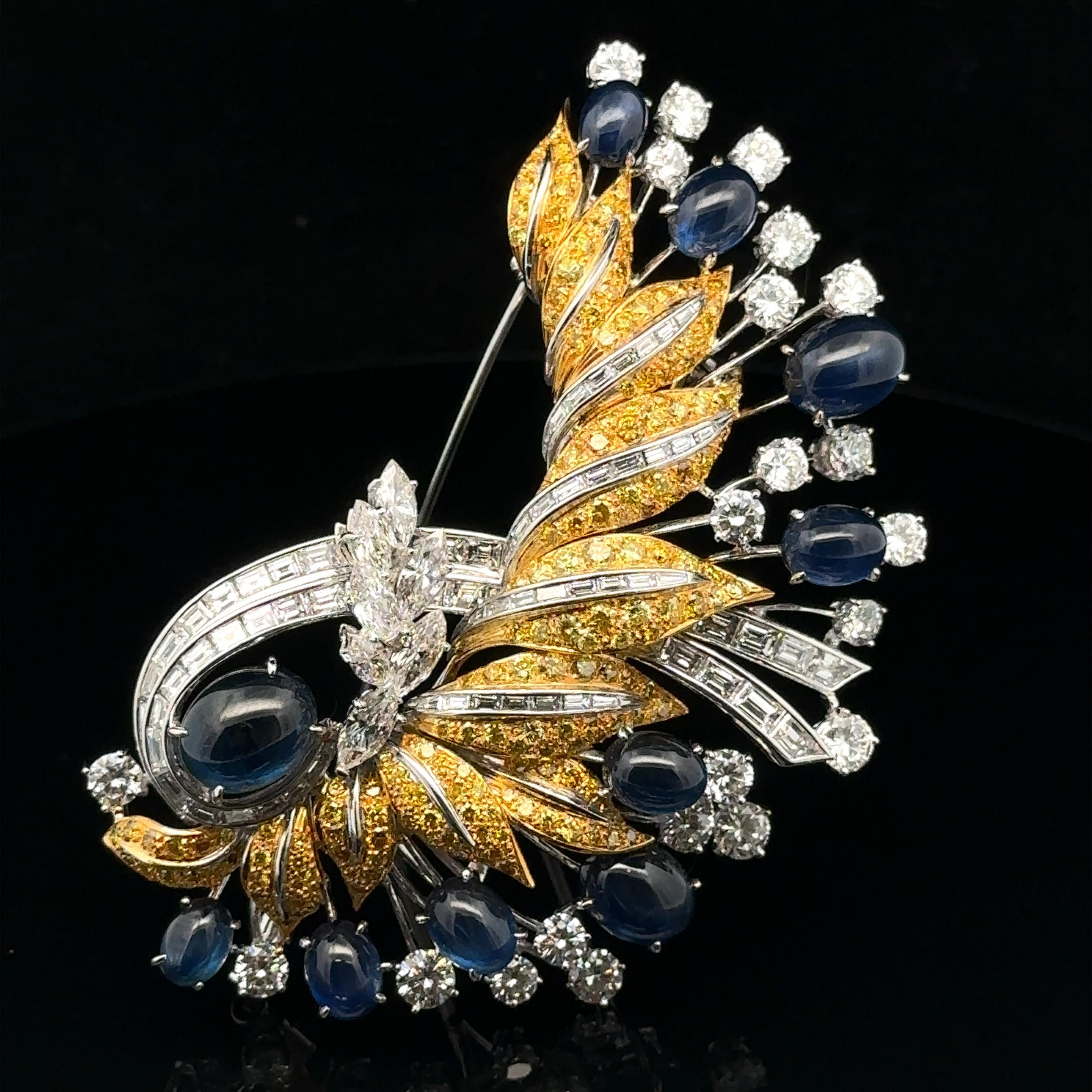 Platinum & Gold GIA 45.84ctw Sapphire Fancy Yellow Diamond Large Brooch For Sale 5