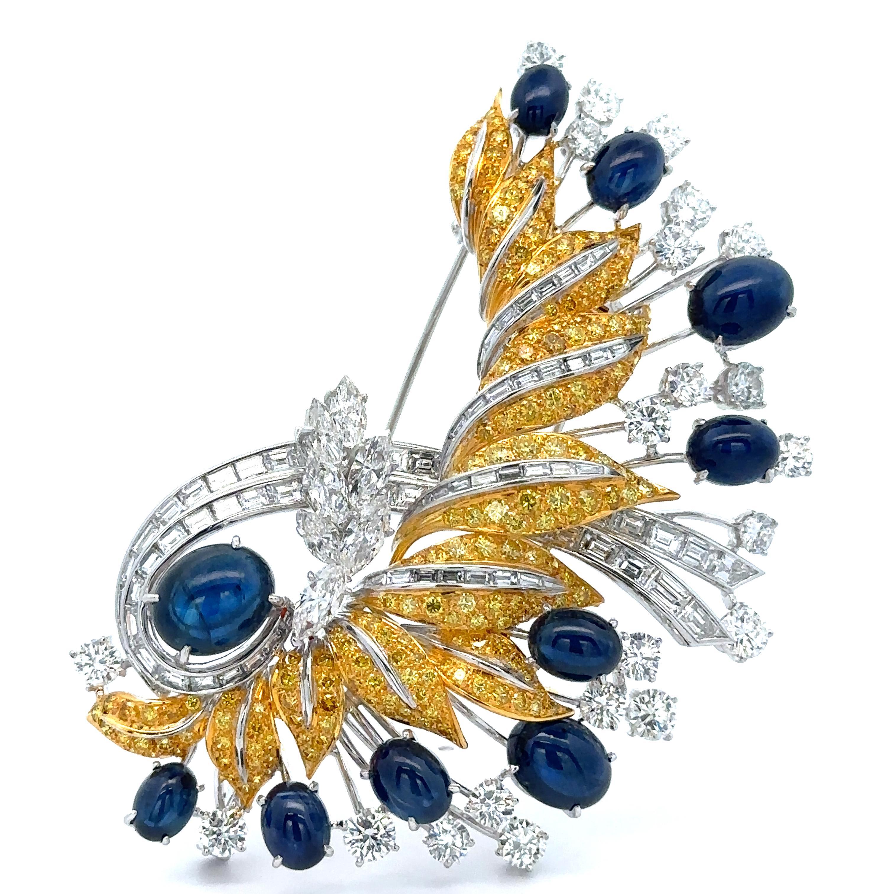 Platinum & Gold GIA 45.84ctw Sapphire Fancy Yellow Diamond Large Brooch For Sale 7
