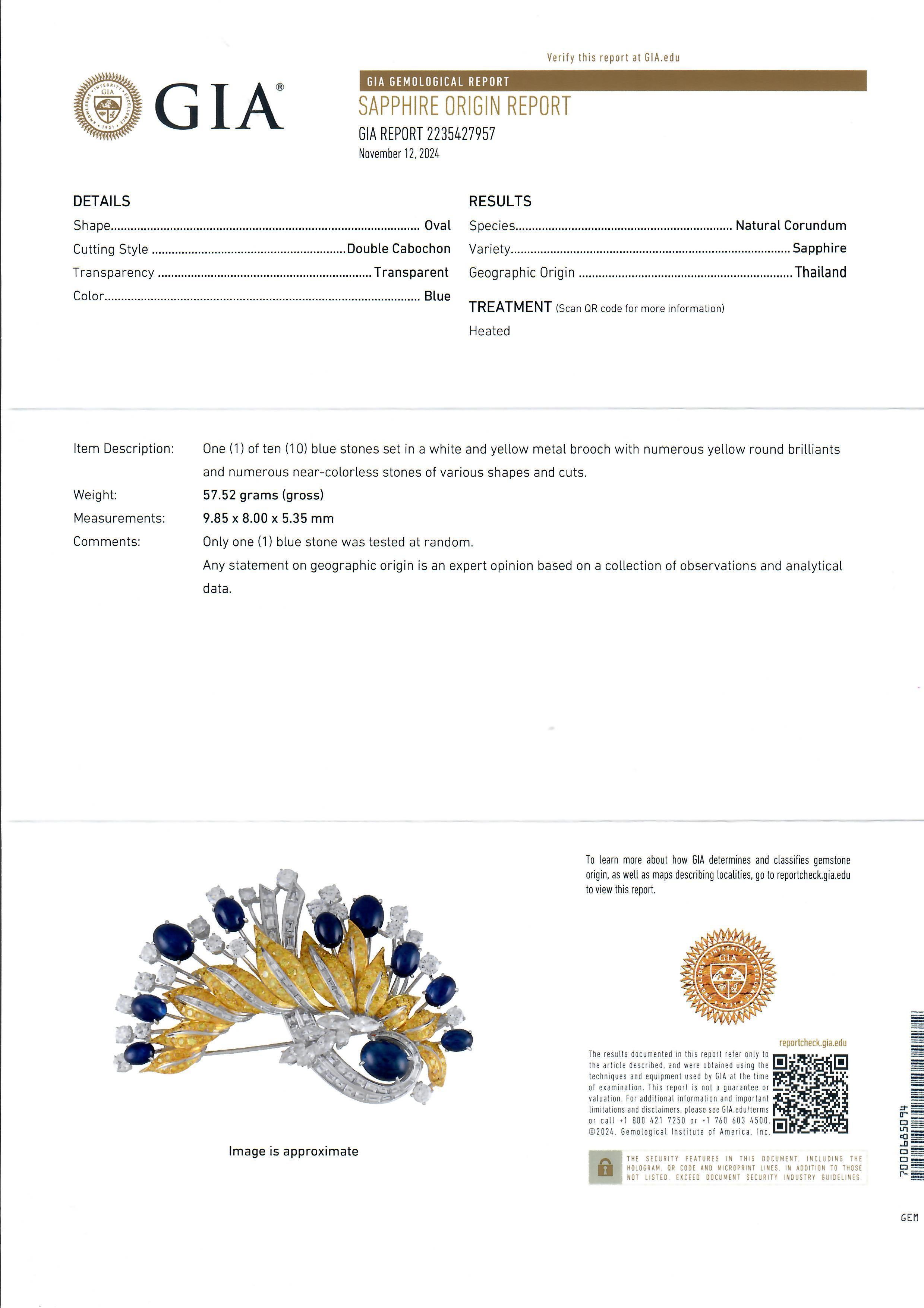 Cabochon Platinum & Gold GIA 45.84ctw Sapphire Fancy Yellow Diamond Large Brooch For Sale