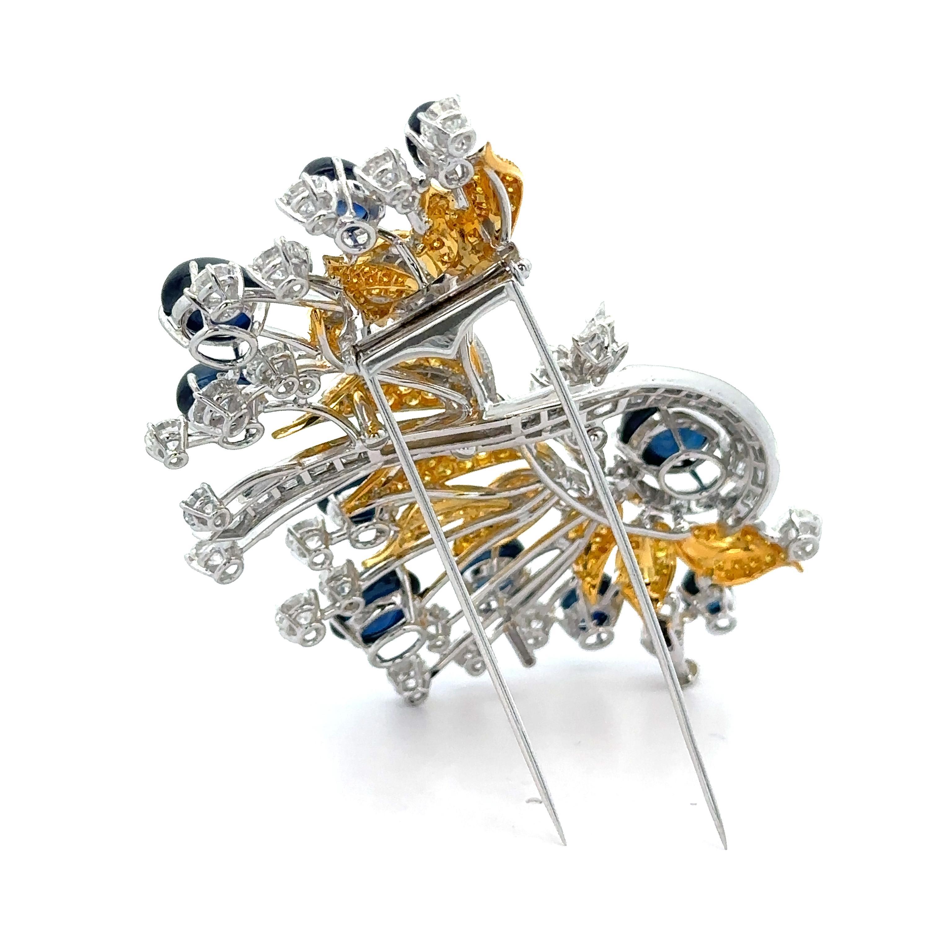 Platinum & Gold GIA 45.84ctw Sapphire Fancy Yellow Diamond Large Brooch For Sale 1