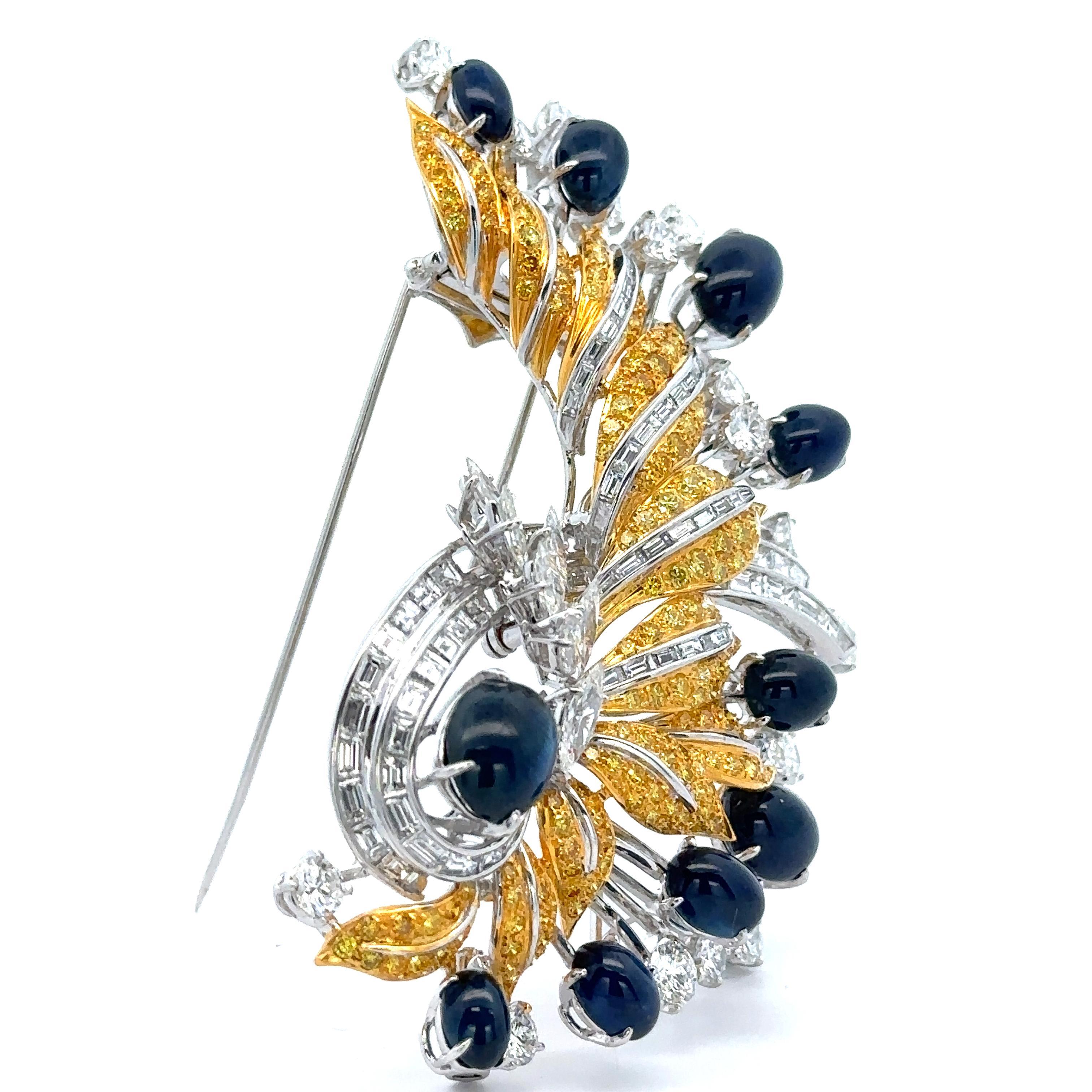 Platinum & Gold GIA 45.84ctw Sapphire Fancy Yellow Diamond Large Brooch For Sale 2