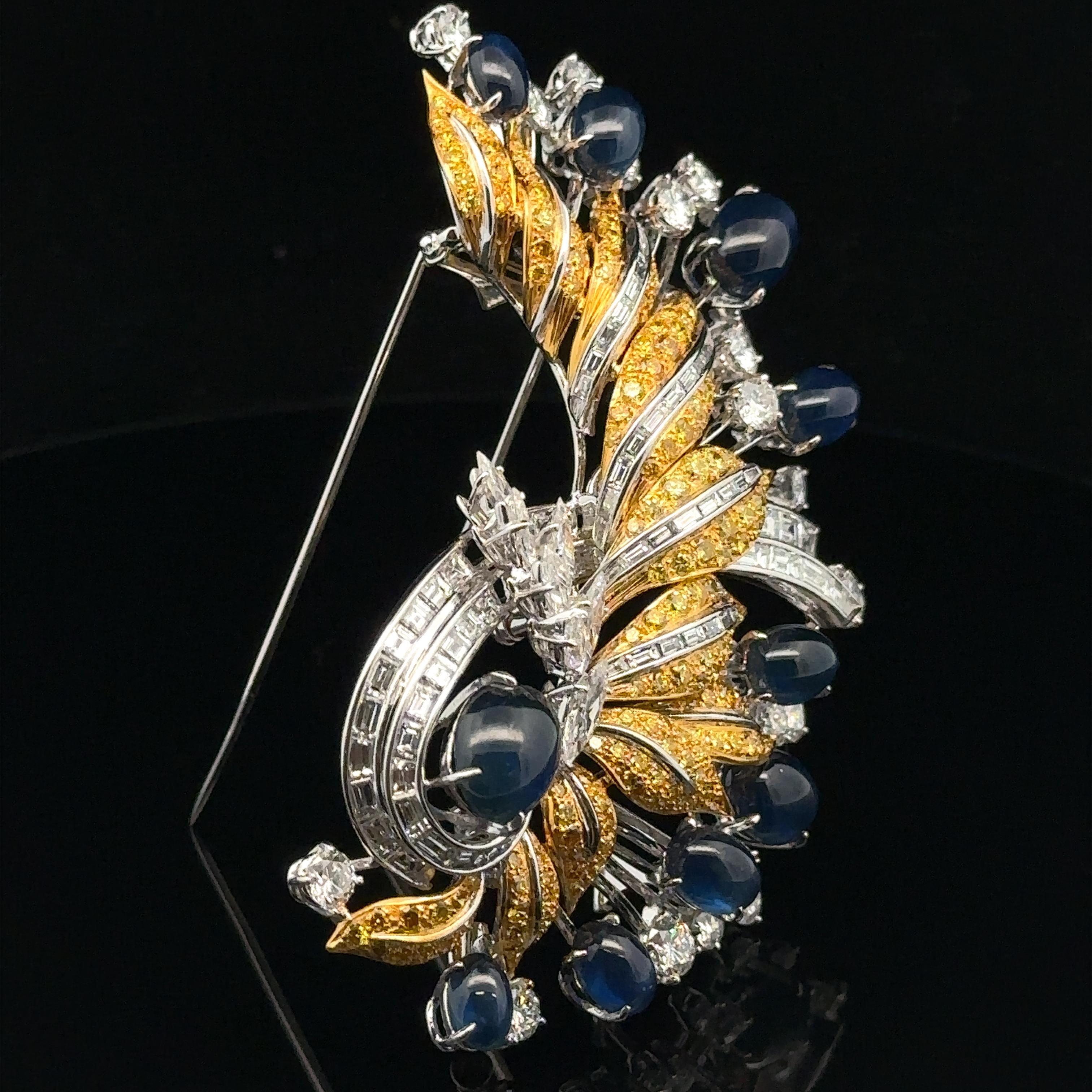 Platinum & Gold GIA 45.84ctw Sapphire Fancy Yellow Diamond Large Brooch For Sale 3
