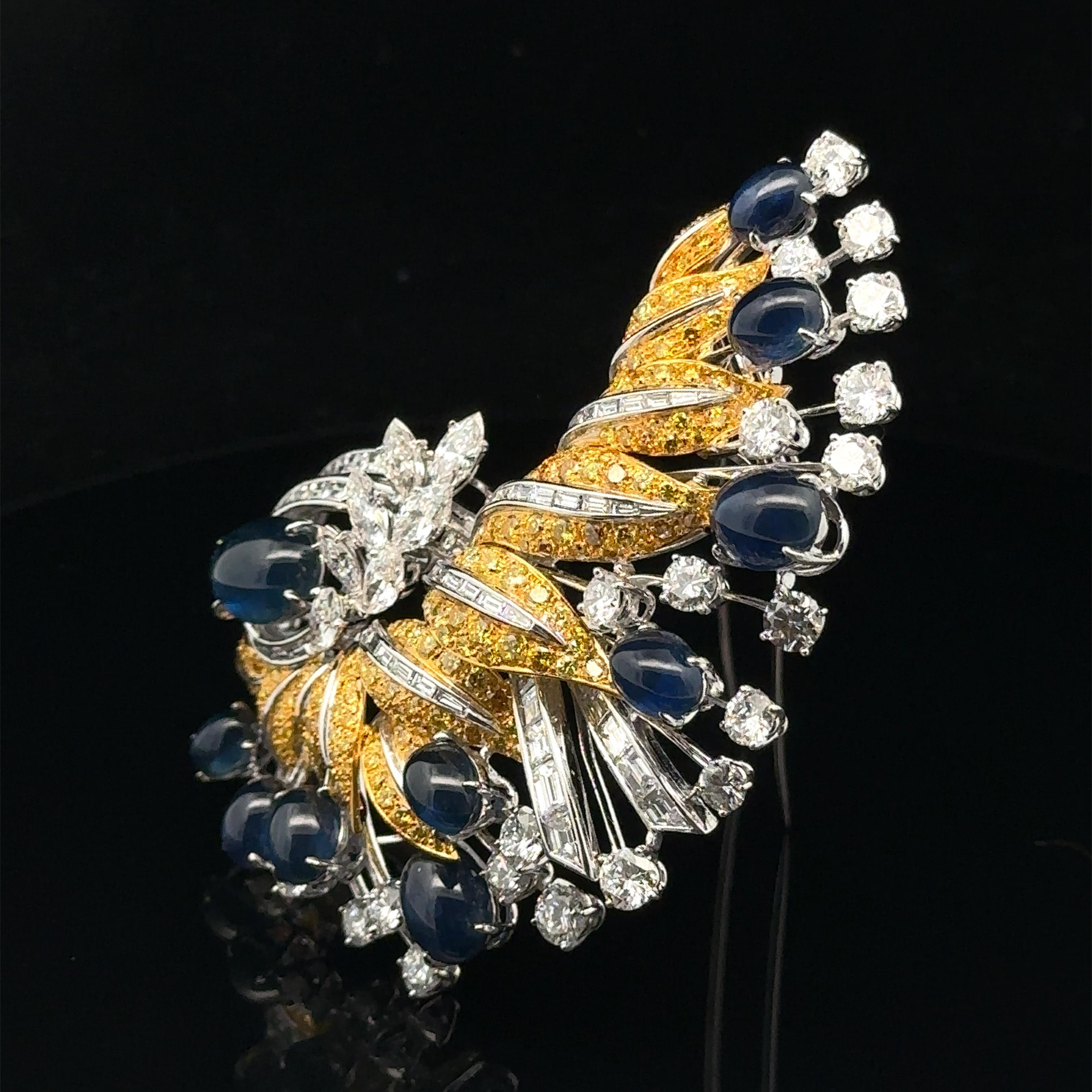 Platinum & Gold GIA 45.84ctw Sapphire Fancy Yellow Diamond Large Brooch For Sale 4
