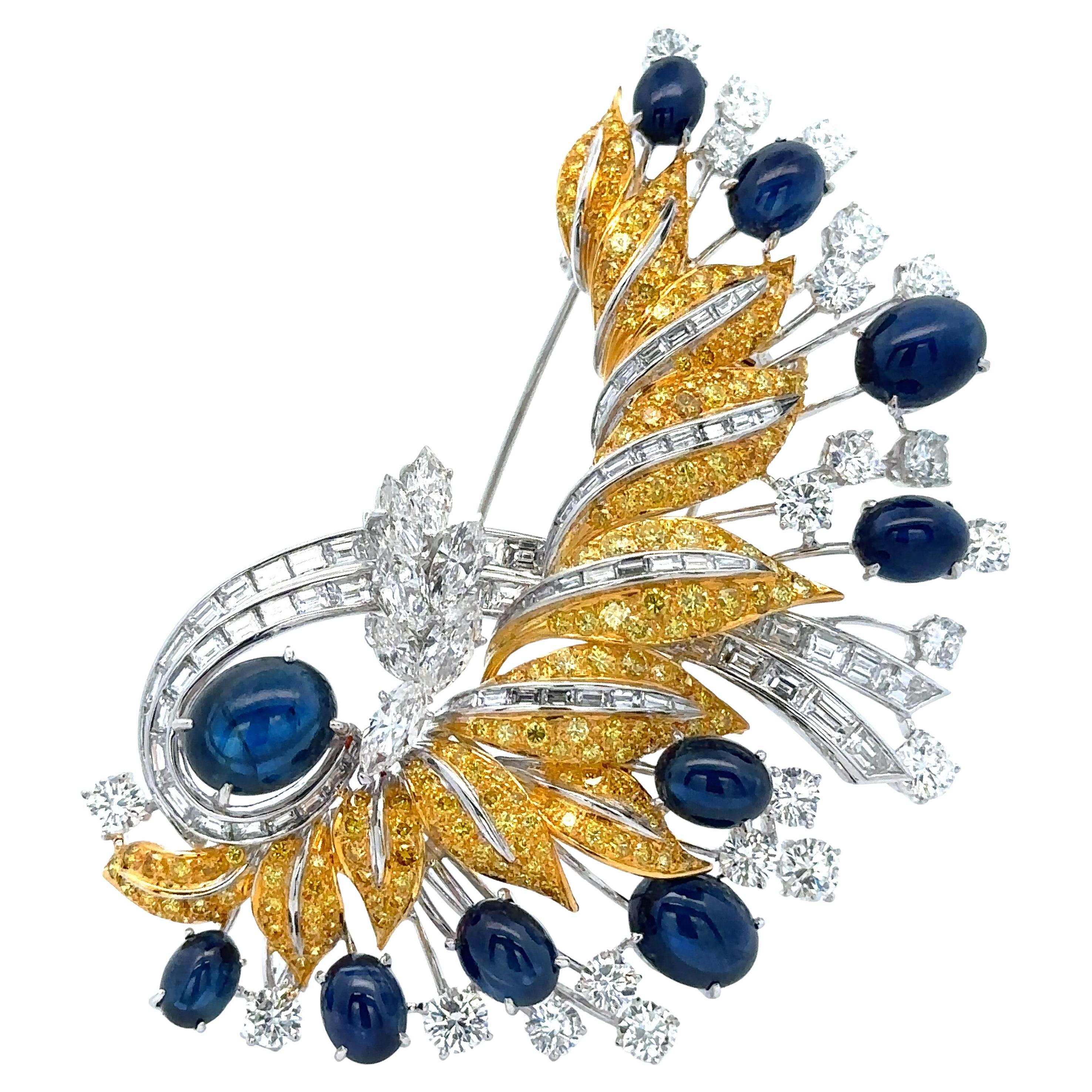 Platinum & Gold GIA 45.84ctw Sapphire Fancy Yellow Diamond Large Brooch For Sale