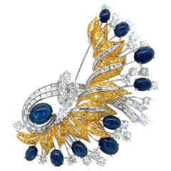 Grande broche fantaisie en platine et or avec saphir 45,84 carats certifié GIA